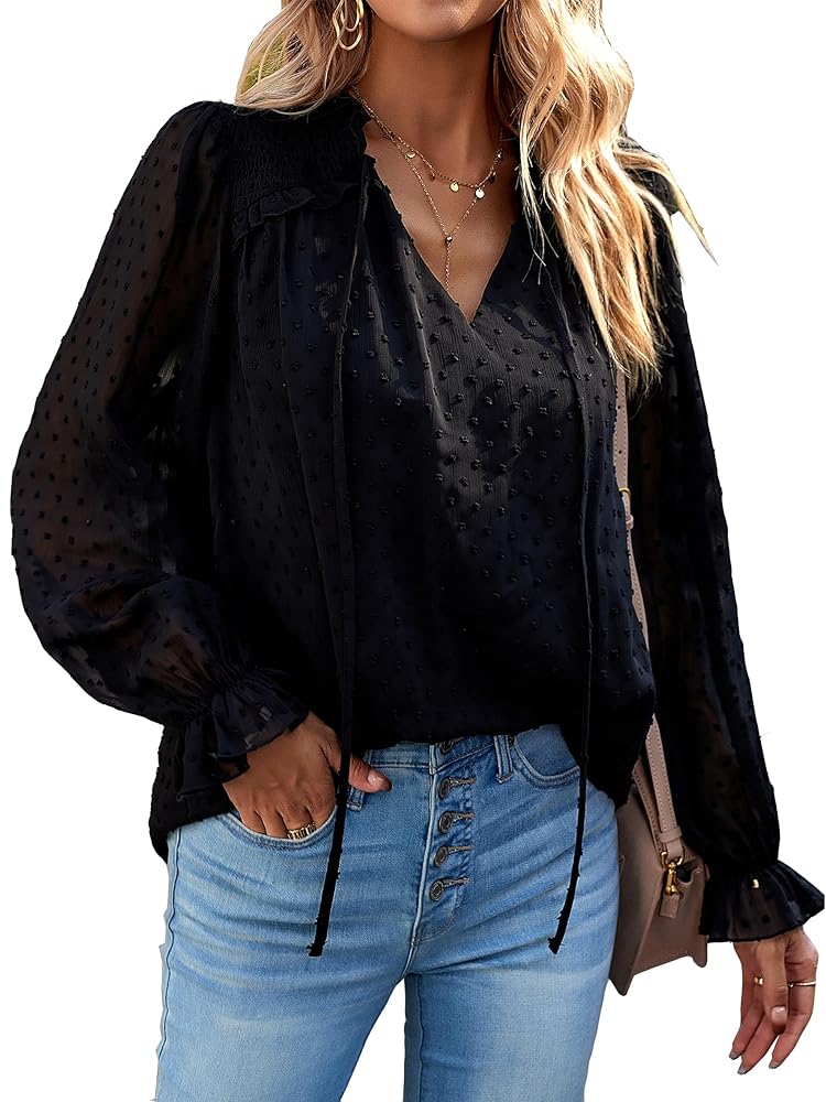 MYCOLORBLUE Women's Boho Tops Dressy Casual Ruffle V Neck