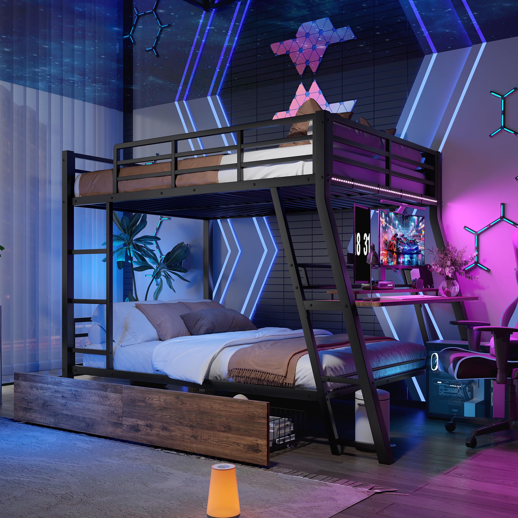 Letto a Soppalco 140x200 cm con LED e cassetti, Letto matrimoniale con scrivania, Letto Bambini con scala e ringhiera, Nero(Senza Materasso)