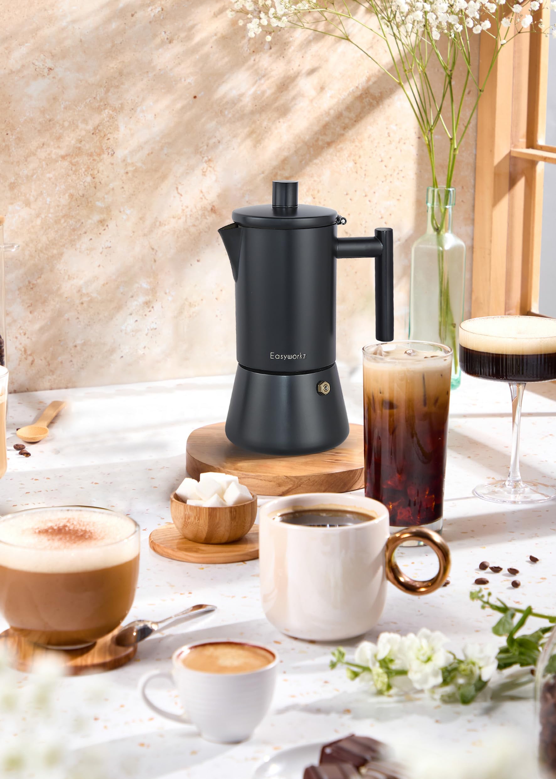 Easyworkz Diego Stovetop Espresso Maker Stal nierdzewna Włoski ekspres do kawy 6Cup 300ml Moka Pot Induction Espresso Pot - Matowa czerń