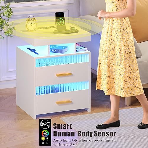 Miniatura 5 de Juego de 2 mesitas de noche inteligentes con luces mesita de noche LED con estación de carga, mesas de sofá con sensor humano y cajones para