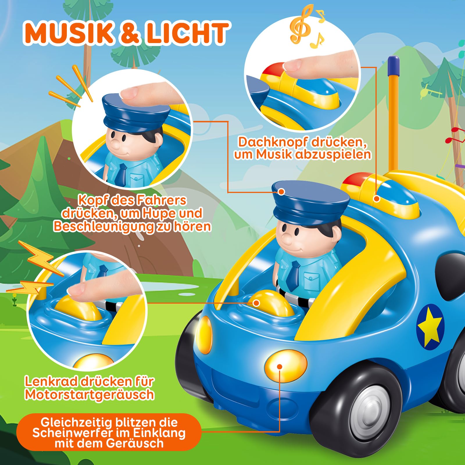 Pup Go Fernbedienung Cartoon Polizeiauto für Kinder 1 2 3 Jahre, Ferngesteuertes Auto Spielzeug mit Musik und Licht, Radio Control Rennwagen Kinderspielzeug, Ideal RC Auto Geschenk für Junge