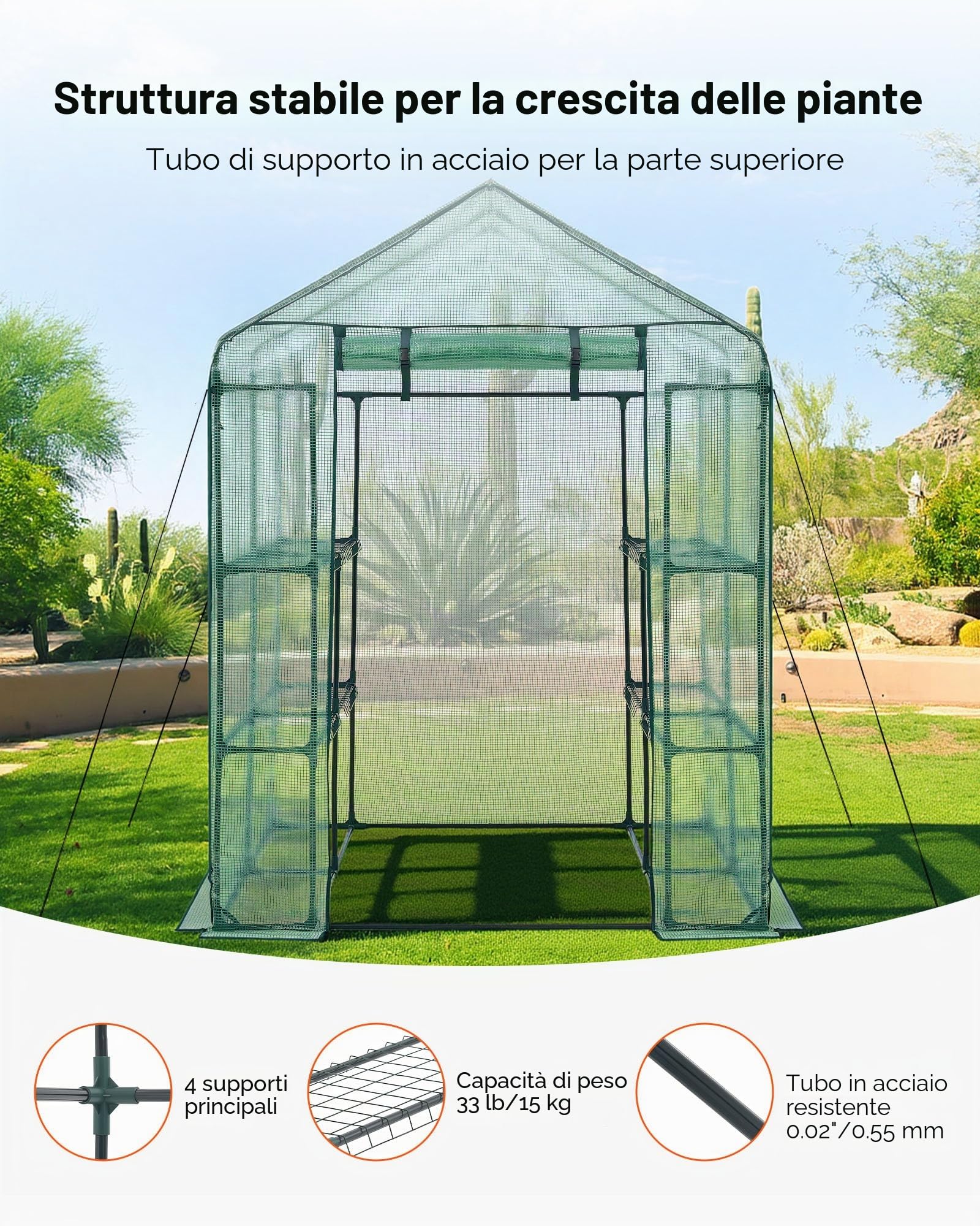 VEVOR Serra Portatile con Ripiani Telone in PE Porta Arrotolabile 141 x 141 x 200 cm Carico Massimo 15 kg da Giardino Cortile Terrazza Struttura Pieghevole, Serra con Ripiani per Piante Fiori Verdure