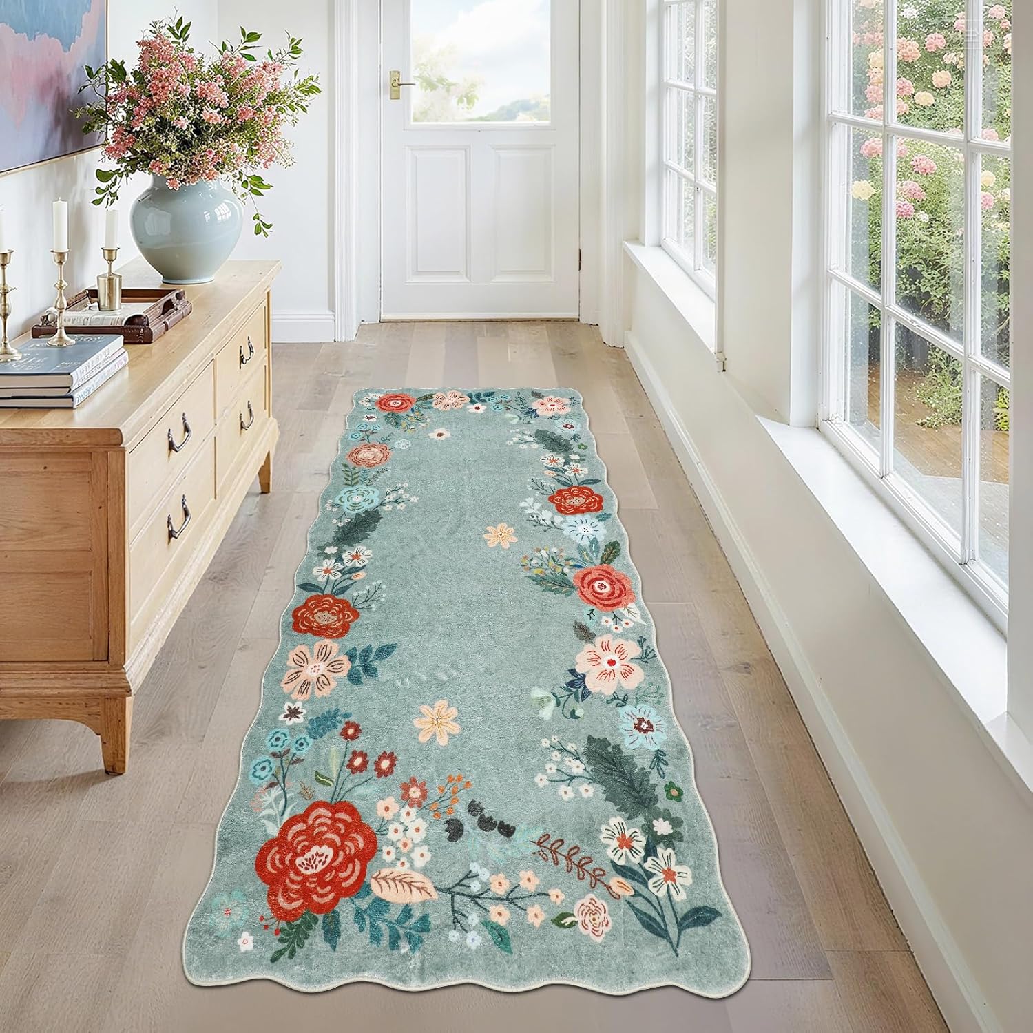 Runners for Hallways, 3x6 Runner Rug Non Slip with Soft Low Pile, Boho Floral Runner for Kitchen, Living Room, Entryway, Bedroom, Bathroom, Kid & Pet Friendly, Green