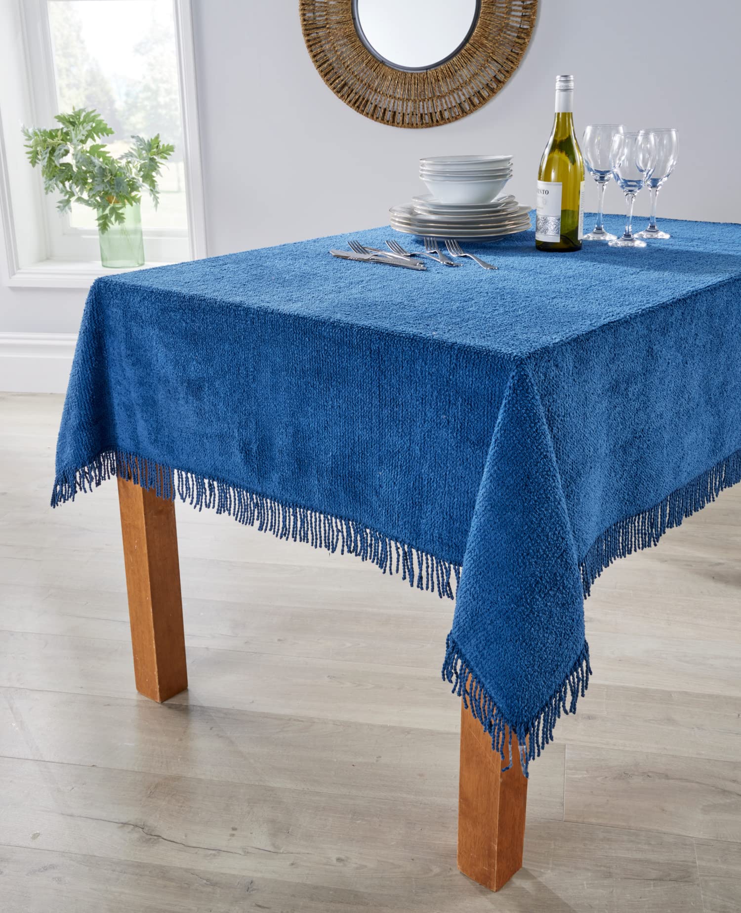 Diana Cowpe Dark Blue Chenille Tablecloth - Traditional Rectangular Tablecloth - 100% Cotton - Fringed Edge - 137X229cm