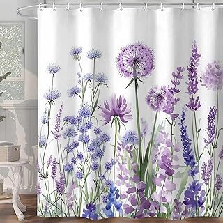 Cortina de ducha de lavanda morada, flores de primavera, lila, acuarela, hojas, mariposa, flores silvestres, cortina de baño, tela vintage de poliéster impermeable, 72 pulgadas de ancho x 84 pulgadas