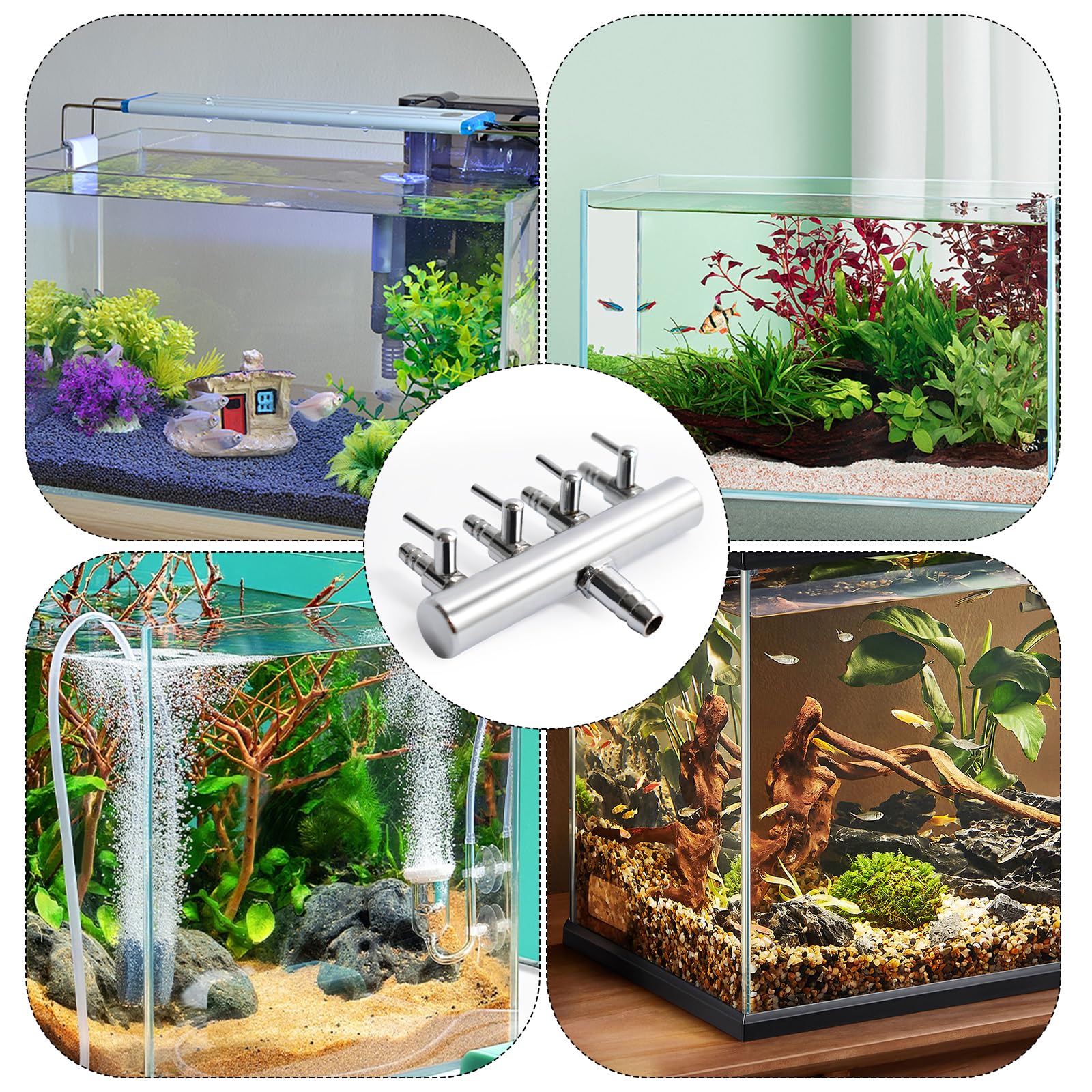 Distributeur d'air en acier inoxydable - Régulateur de flux d'air - Clapet anti-retour réglable - Valve d'air d'aquarium - Entrée 8 mm - Sortie 4 mm - Distributeur de pompe à air - Aquarium