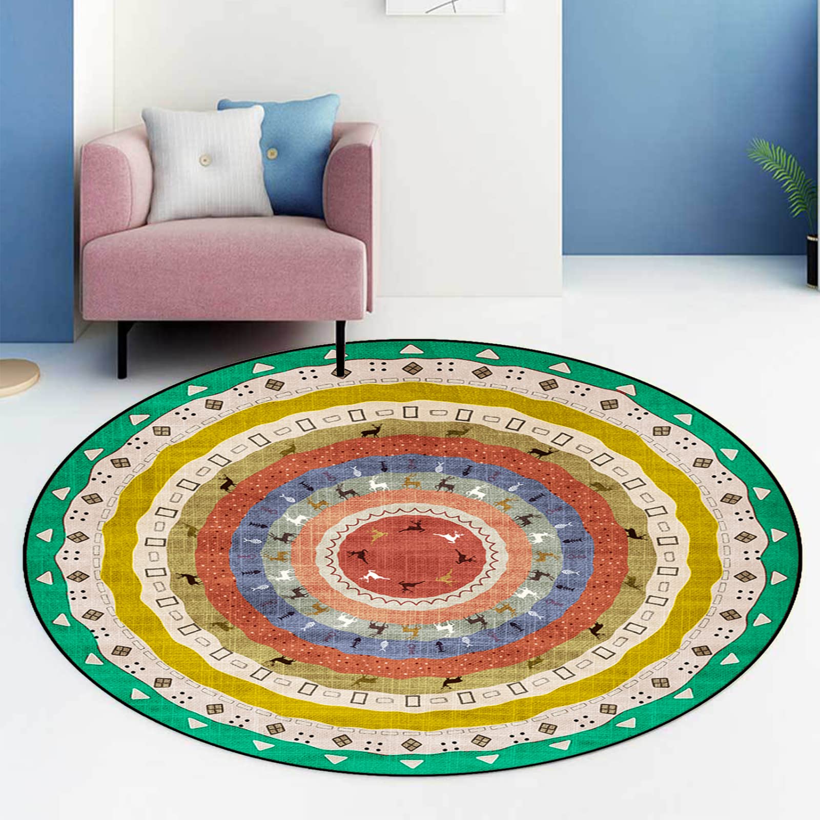 Dywan obszarowy, wielokolorowy, geometryczny wzór jelenia, wielokolorowy, 2, średnica 150 cm, dywaniki do salonu, sypialni, dywaniki, mata podłogowa, do przedpokoju, jadalni,