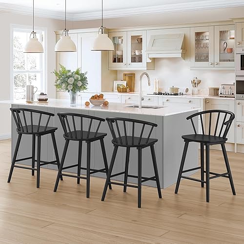 LUE BONA Juego de 2 taburetes de bar, taburetes de bar negros de granja con respaldo semicircular, taburetes de bar modernos de mediados de siglo