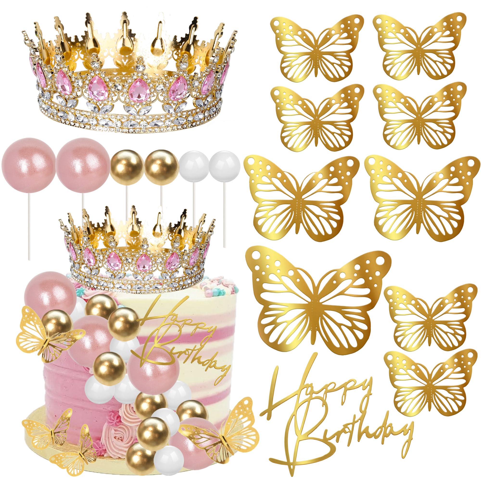 Xsstarmi Crown Cake Topper Decorations with Butterfly Corona Para Pastel Cake Decorations for Kids Girls Birthday Anniversary Party DIY Cake Decorations Supplies