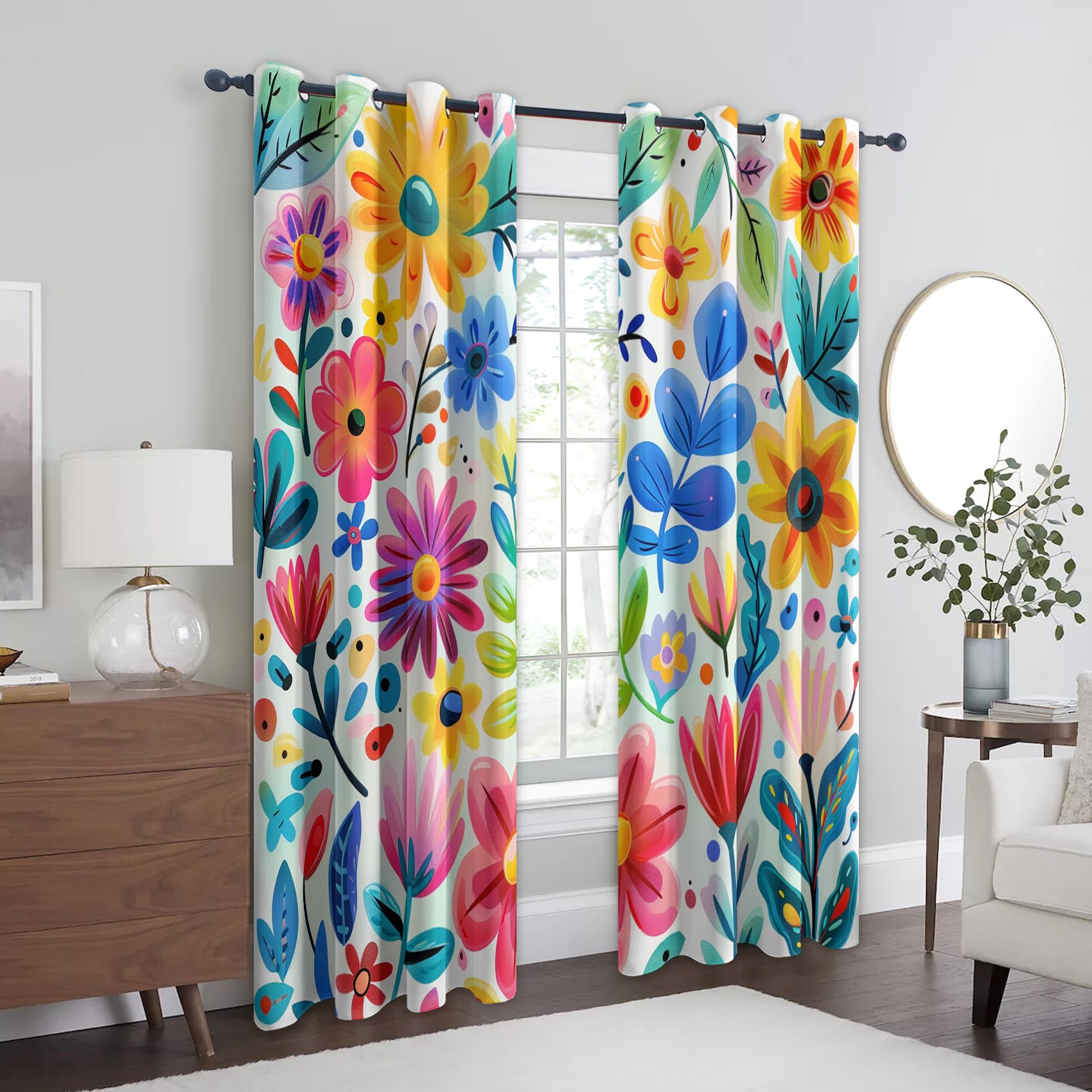 Bunt Geblümt Vorhänge, Verdunklungsvorhänge mit Muster Bunt, Vorhang Blickdicht mit Ösen, Gardinen für Wohnzimmer Schlafzimmer Deko 2er Set - 137x117 (H X B)