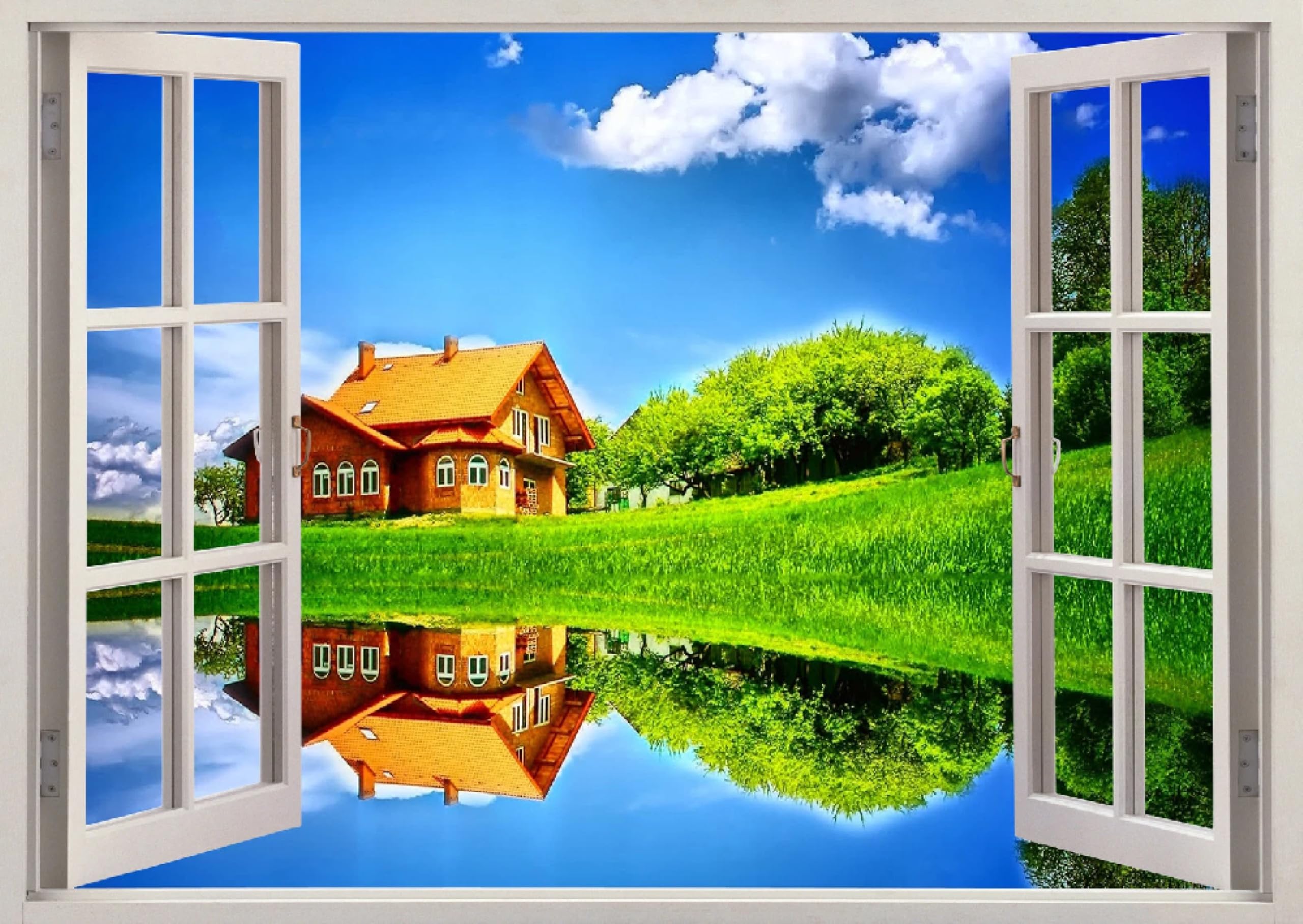 Adesivi decorativi da parete 3DCasa Riflessione Erba Verde Adesivi murali Decalcomanie murali 3D fracassate Wall Vinyl Family for Camera da letto Soggiorno Nursery Home Wall Décor 58x101cm
