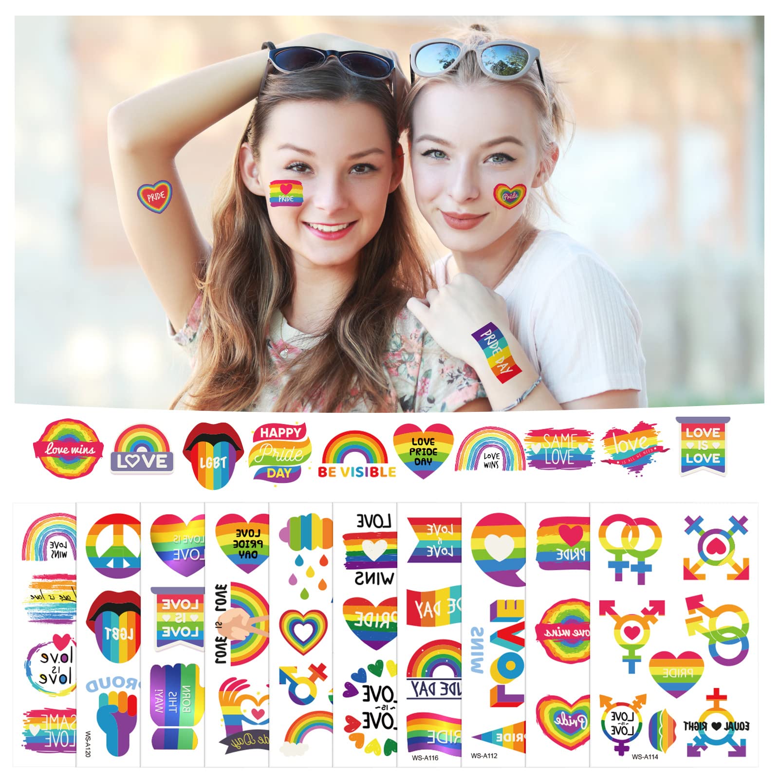 AOMIG 70+ stylów tatuaży z dumą, 10 dużych arkuszy tymczasowych tatuaży Gay Pride, wodoodporne naklejki z tatuażami LGBT Rainbow Flag na festiwale Pride dekoracje świąteczne