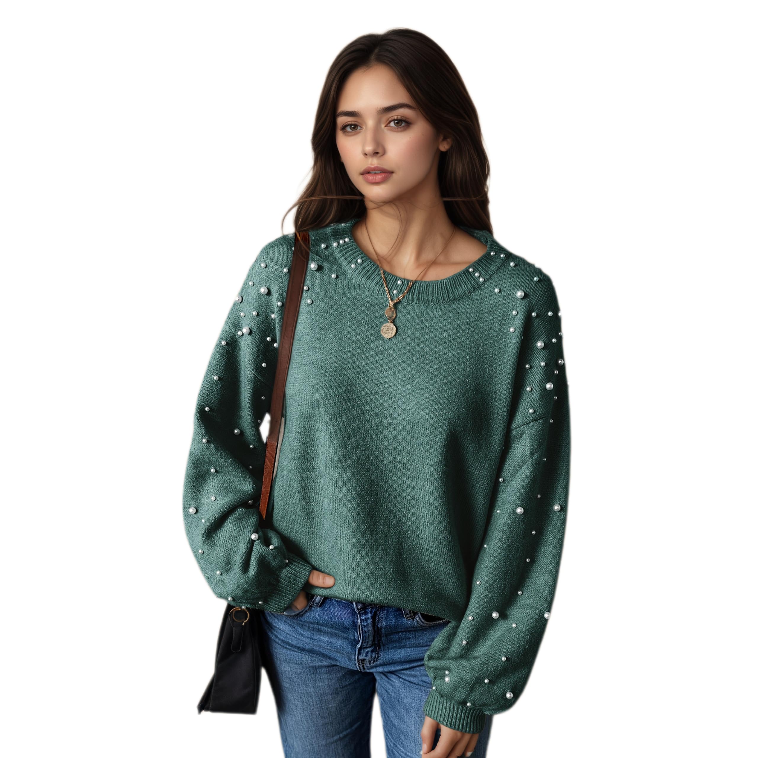 Womens Trendy Pearls Knit Sweater Plus Size Lantern Sleeve Crewneck Pullover Sweaters Fall Winter Fashion Jumper Tops
