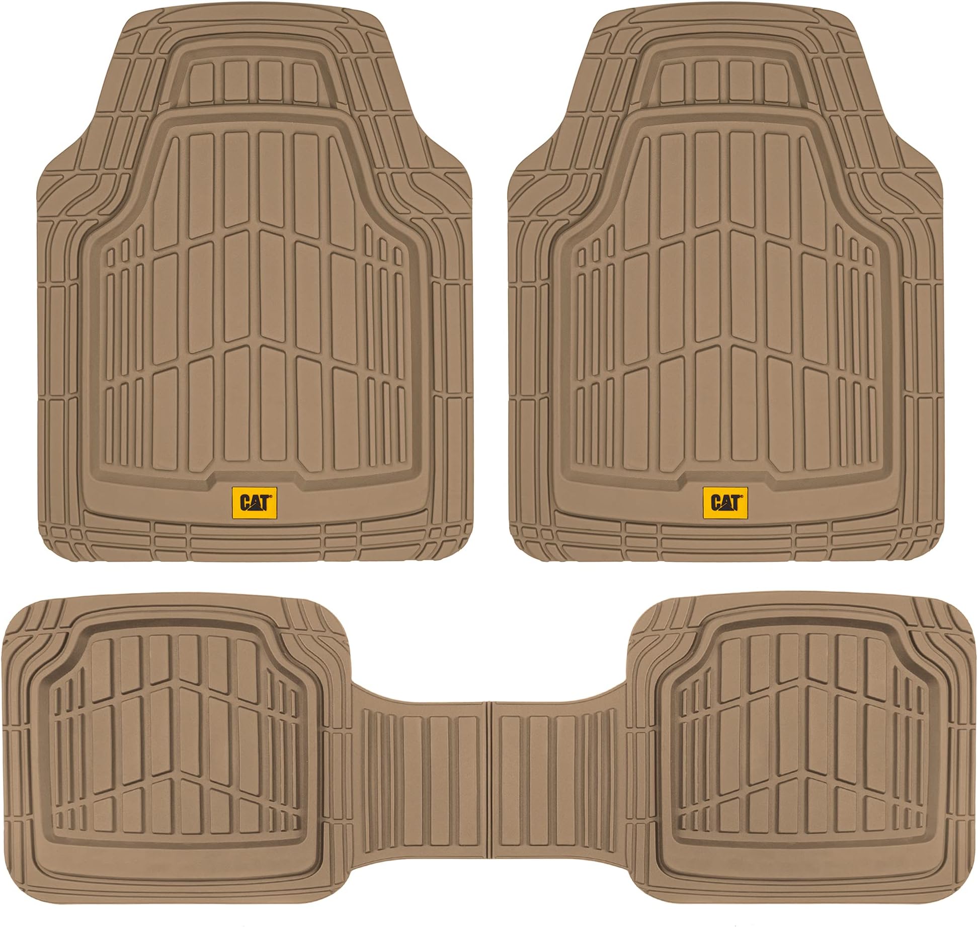 Caterpillar CAT (3-Piece) Deep Dish Heavy Duty Odorless Rubber Floor Mats, Total Protection Durable Trim to Fit Liners for Car Truck SUV & Van, All Weather, 02-beige (CAMT-1003-BG)