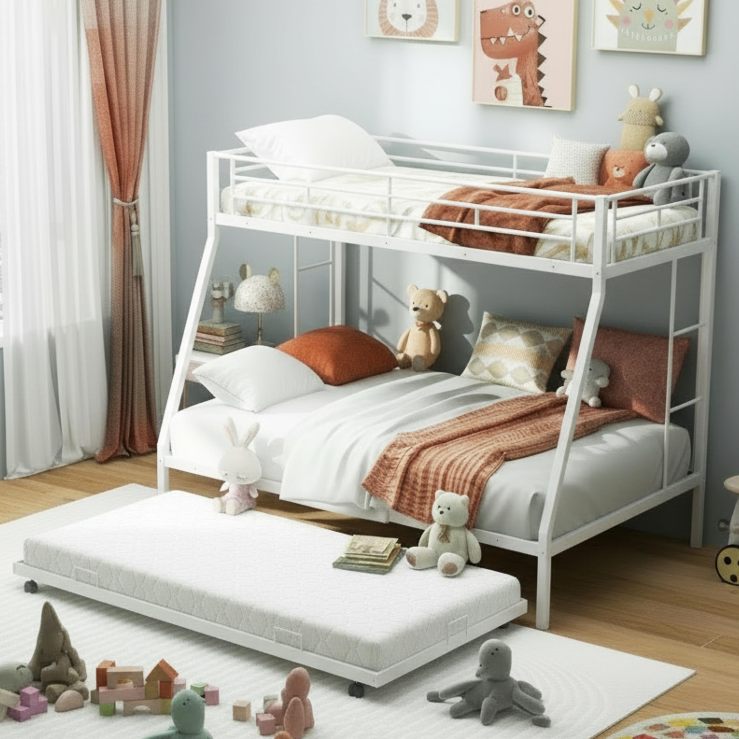 KOMFOTT Twin Over Full Bunk Bed with Trundle, Heavy-Duty Metal Bunk Bed Frame with Guardrail & 2 Ladders, Space-Saving Bunk Bed for Kids/Teens/Adults,