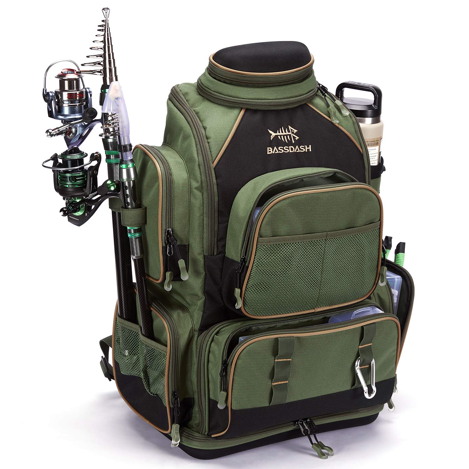 Bassdash Zaino da Pesca Borsa da Pesca Borsa Tattica Leggera e Resistente all'Acqua con portacanne e Copertura Antipioggia Protettiva