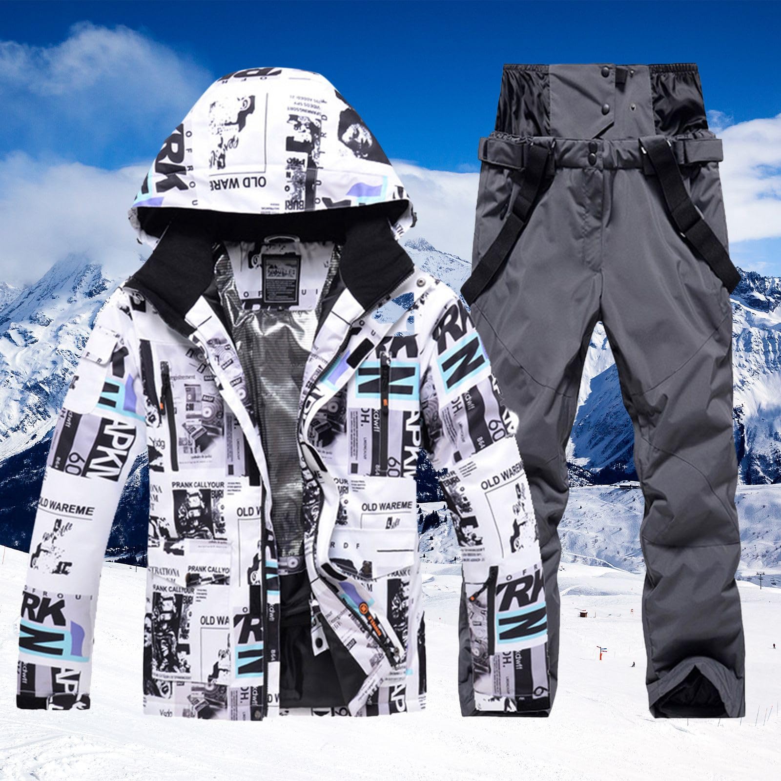 Generisch Skianzug Damen 2 teilig, Skianzug Damen Herren, Ski Jacke und Skihose Set, Winter Warme Paare Schneeanzug, Wasserdicht Winddicht Ski Anzug für Wandern, Klettern, Isoliertes, Snowboarden