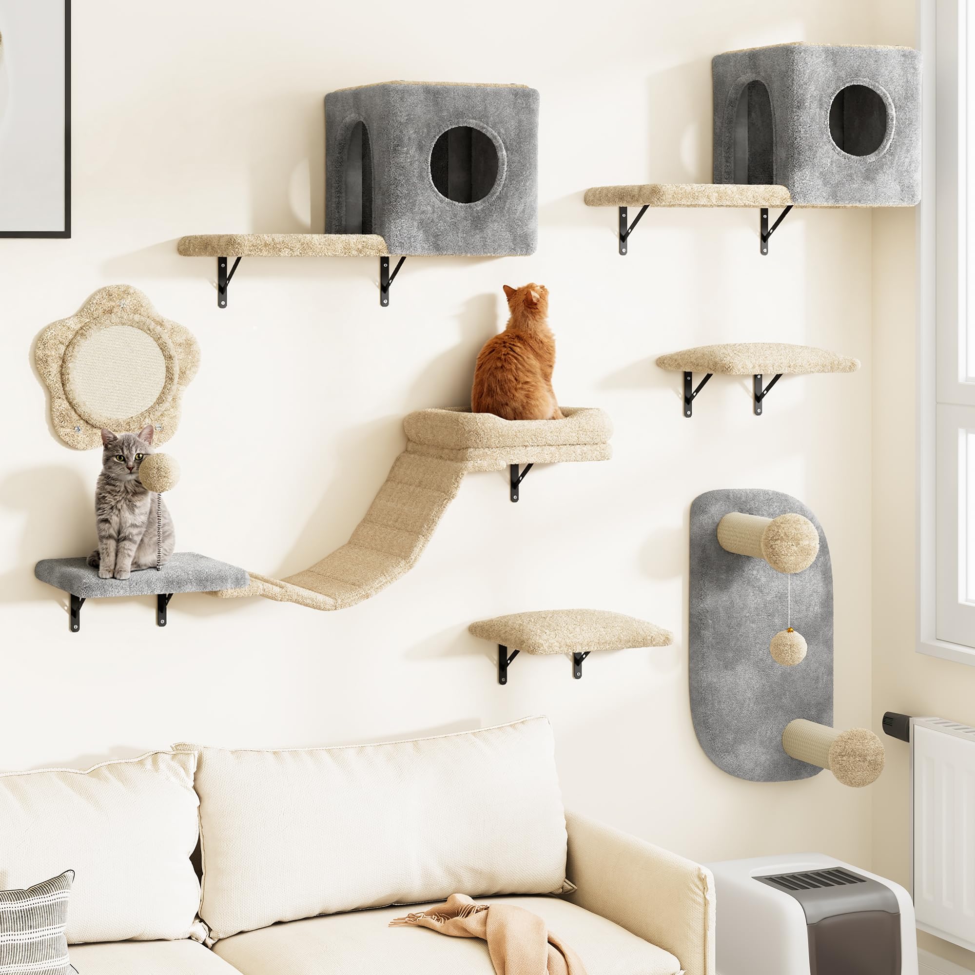 YITAHOME Set da 8 pezzi robusto da parete per gatti in flanella, mobili per gatti con casa, letto, tiragraffi, ponte sospeso e colonna in sisal, per gatti che dormono e giocano