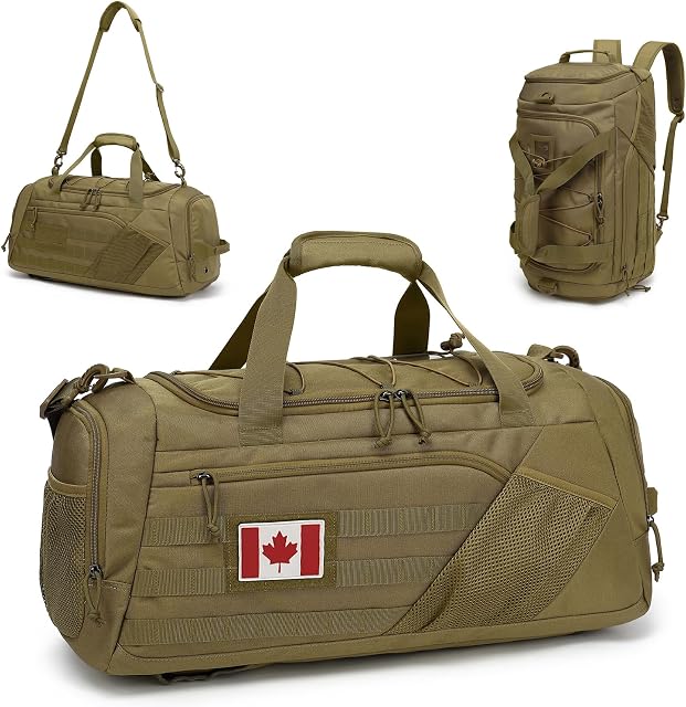 3-in-1 Tactical Duffle Bag Backpack for Men & Women Gym Bags 45L Military Sports Duffel Bag with Shoe Compartment & Wet Pocket Mens Weekender Overnight Bag for Traveling Workout, Brown