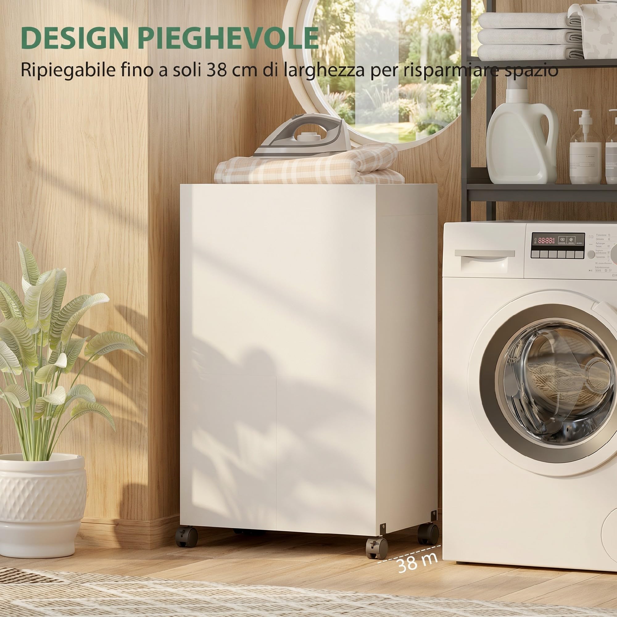 HOMCOM Mobile Asse da Stiro Pieghevole con Ruote e Portaferro da Stiro, Mobile da Stiro Multiuso con Ripiani, Vano Aperto, per Lavanderia, Bagno, 154x55x87 cm, Bianco