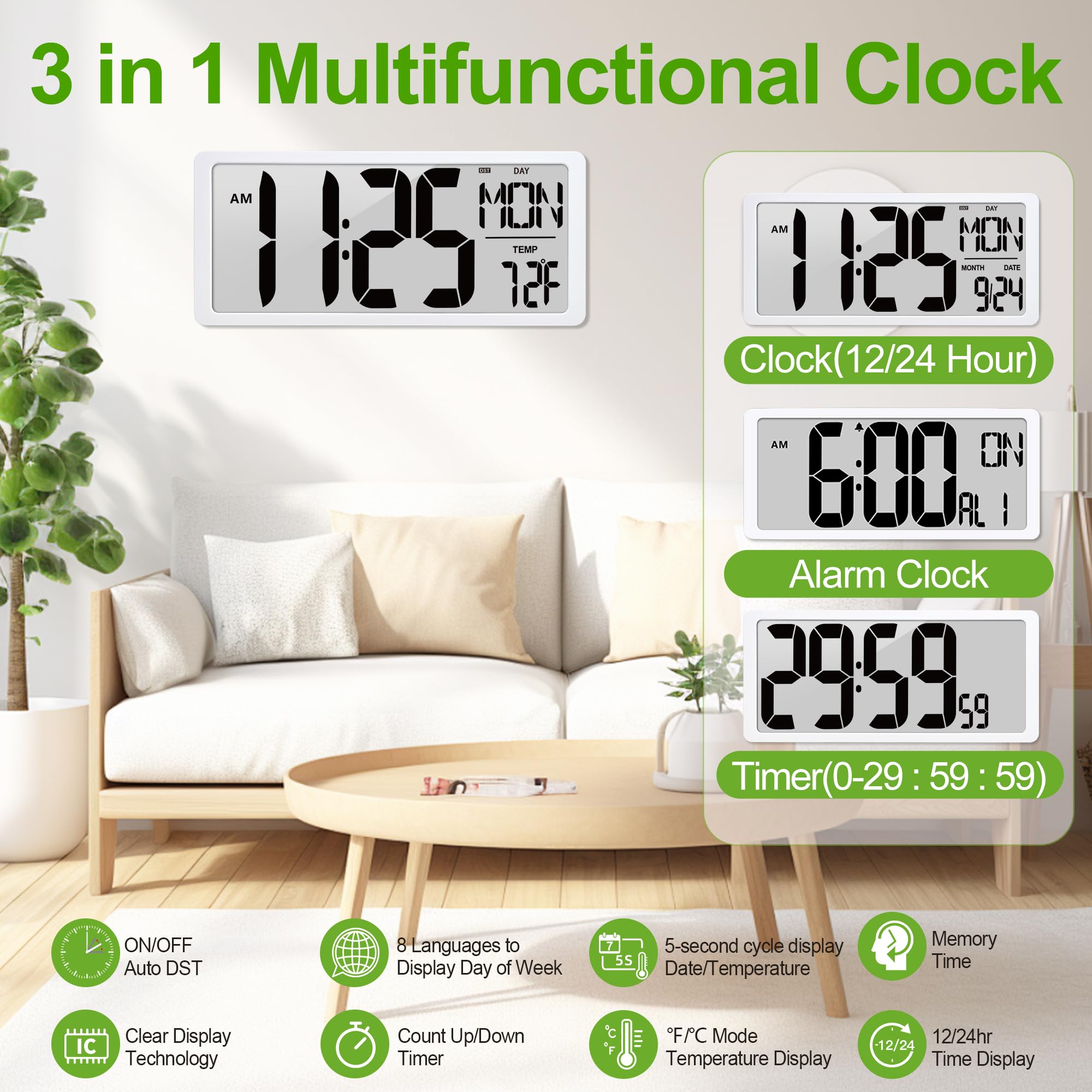Extra große digitale Wanduhr, batteriebetrieben, mit Uhrzeit/Kalender/Temperatur, Jumbo-LCD-Display, Countup-Down-Timer, Wecker für Zuhause, Büro, Schlafzimmer (Batterien im Lieferumfang