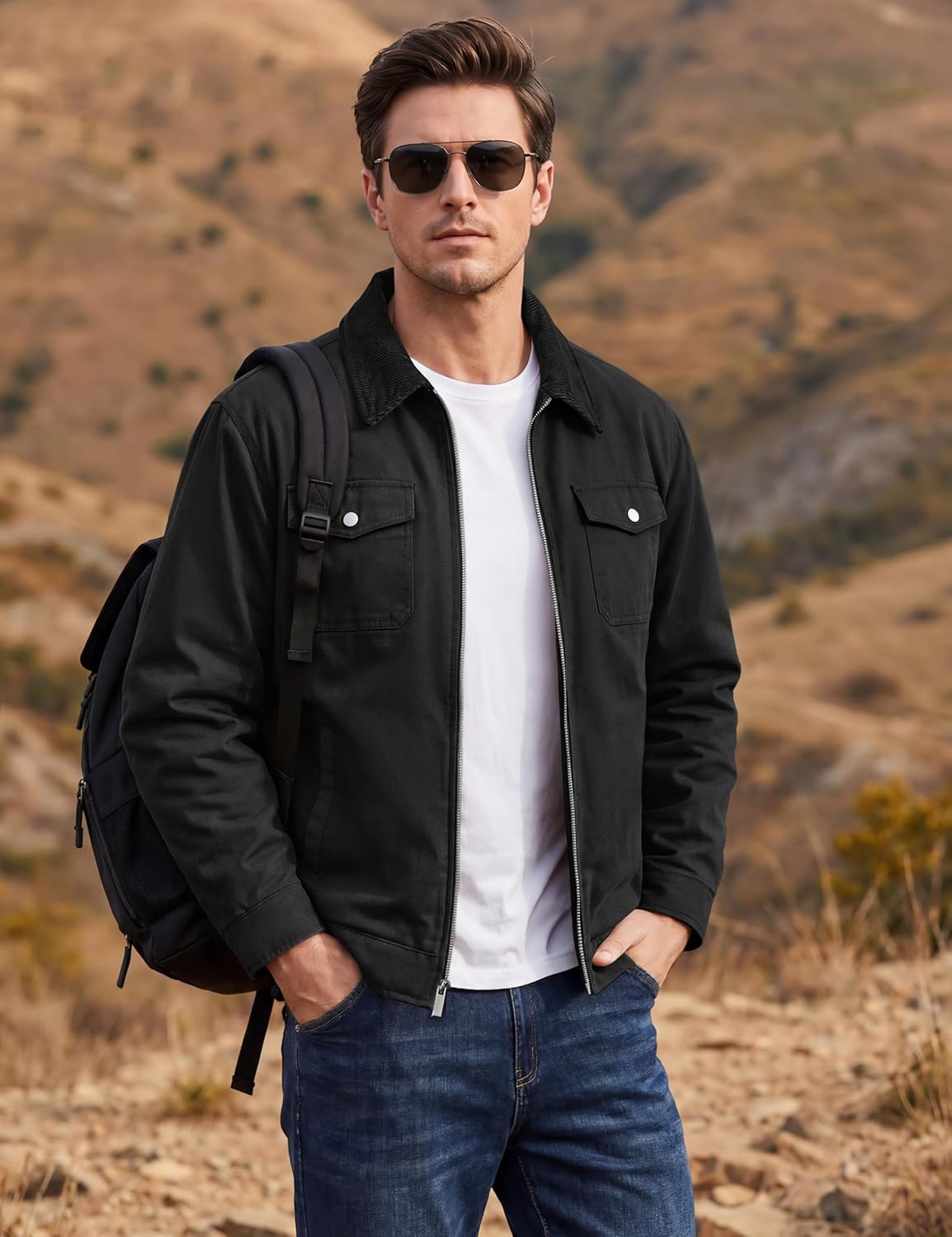 Cotrasen Men's Lightweight Quilted Work Jacket with Corduroy Collar Casual Cotton Jackets Zipper Coat for Fall Winter Spring