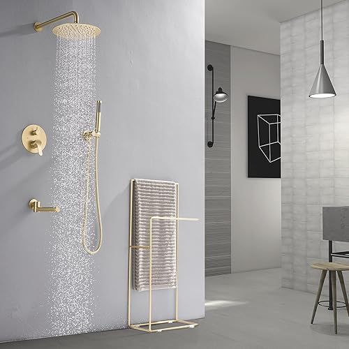 Miniatura 2 de DASAN DA-SS03BG-R10W - Juego completo de grifos de bañera, sistema de ducha de bañera dorado cepillado con boquilla de bañera, bañera y grifo de