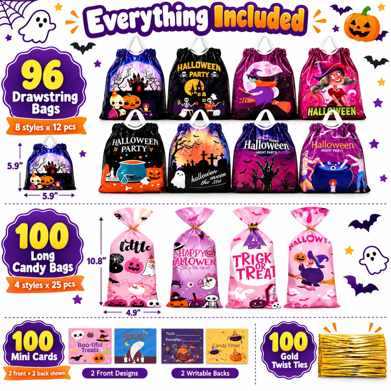 GENNICCI Confezione da 196 sacchetti per dolcetti di Halloween, 100 sacchetti lunghi per caramelle e 96 sacchetti con coulisse in 12 disegni con 200 etichette regalo, dolcetto o scherzetto bomboniere