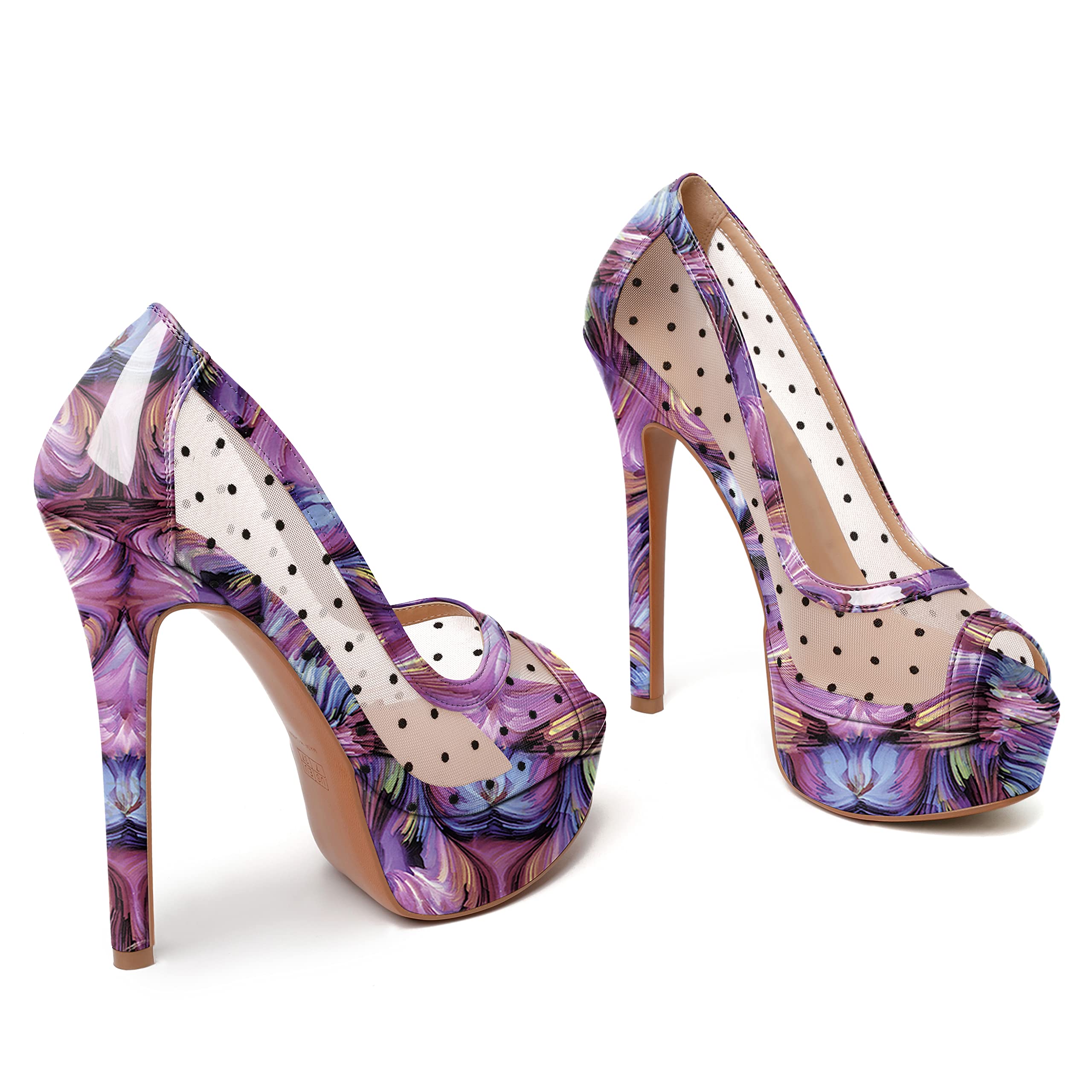AUMOTED Women's Peep Toe High Heel Platform Stiletto Pumps Slip On Patent Mesh Polka Dot Heels 5.5" Party Wedding Dress Shoes: 6.5 Floral Purple