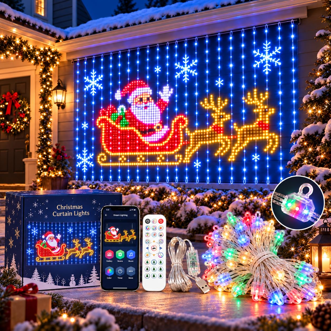 CliffofLove Smart LED Curtain Lights Christmas, 512 LED House Net & Smart Outdoor Wall Curtain Light with Bluetooth APP, DIY RGB Outdoor Wall Window Fairy Light with Remote, USB IP68 Waterproof