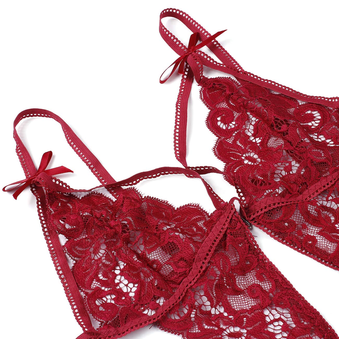 Donnalla Women's Deep V Lace Teddy One Piece Lingerie Cutout Strappy Lingerie: Medium Dark Red