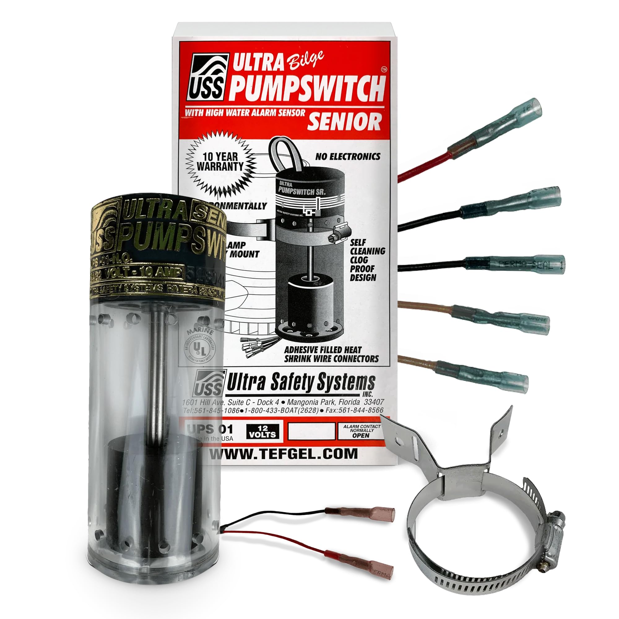 ULTRA Bilge Pumpswitch Sr. Float UPS-01, High Water Sensitivity Sensor, Reliable Automatic Pump Switch Activation for Boats and Yachts, Durable Construction, 12 Volt - Normally Open Alarm Circuit