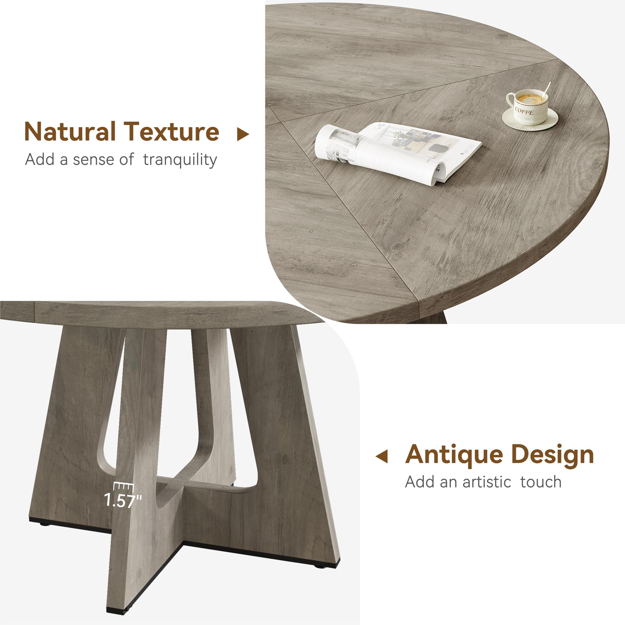 GarveeLife Mesa Redonda de Comedor 120 cm | Mesa de Cocina Veta Madera Gris Claro con Patas Geométricas, Tablero MDF Resistente, para 4-6 Personas, Solo Mesa sin Sillas