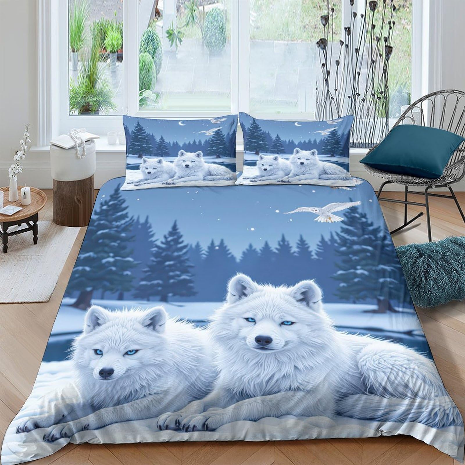 Ctjqhvkz Style-1 3D Printed Arctic Wolf Fitted Sheet Microfiber Soft Blue Forest Mattress Cover Bedroom Decoration Machine Washable Single（135X200cm）