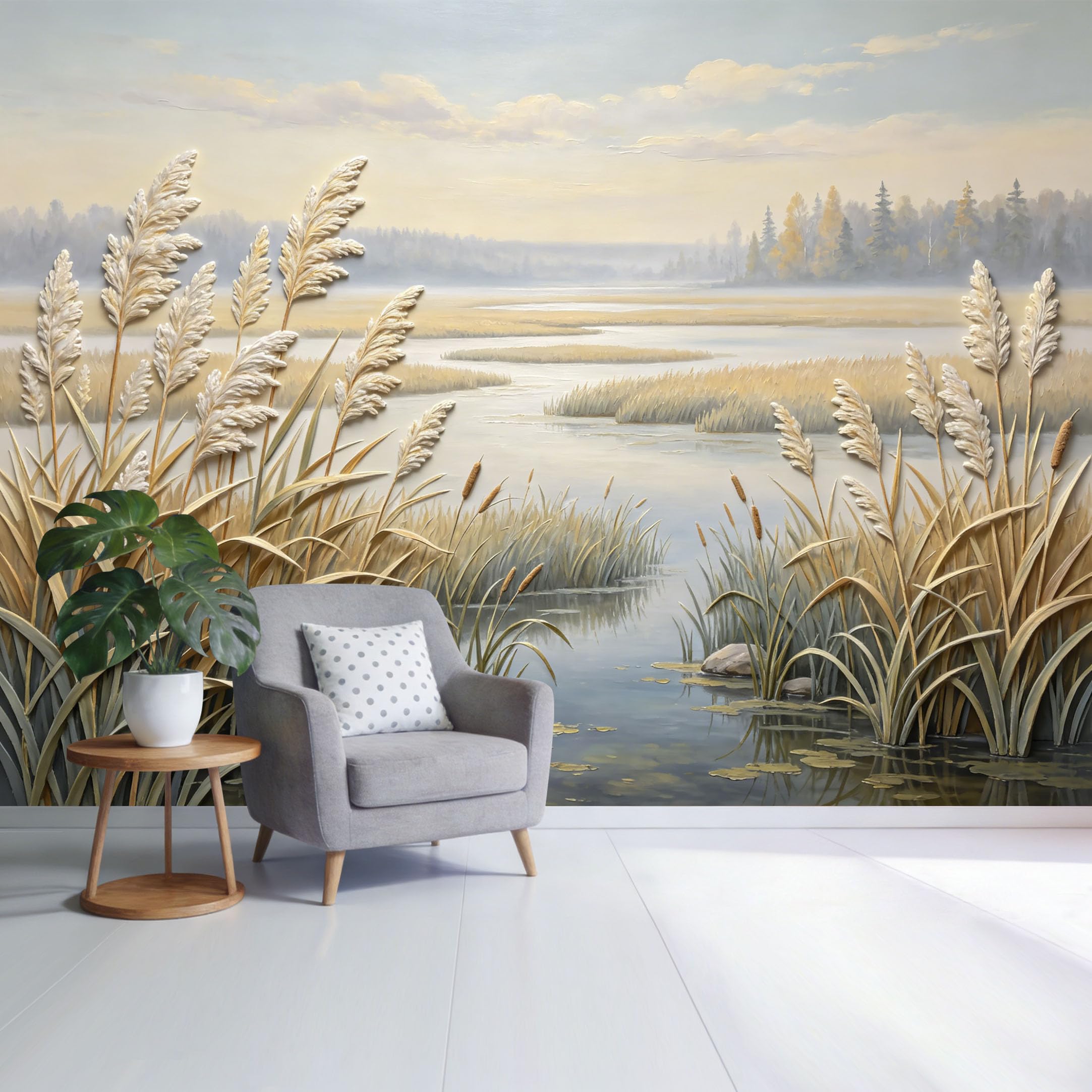 Custom Size Wall Mural Tranquil Marsh Landscape with Reeds and Water Reflection Botanical Oil Painting Style SelfAdhesive Wall Fabric Removable Wallpaper for Home Office Decor
