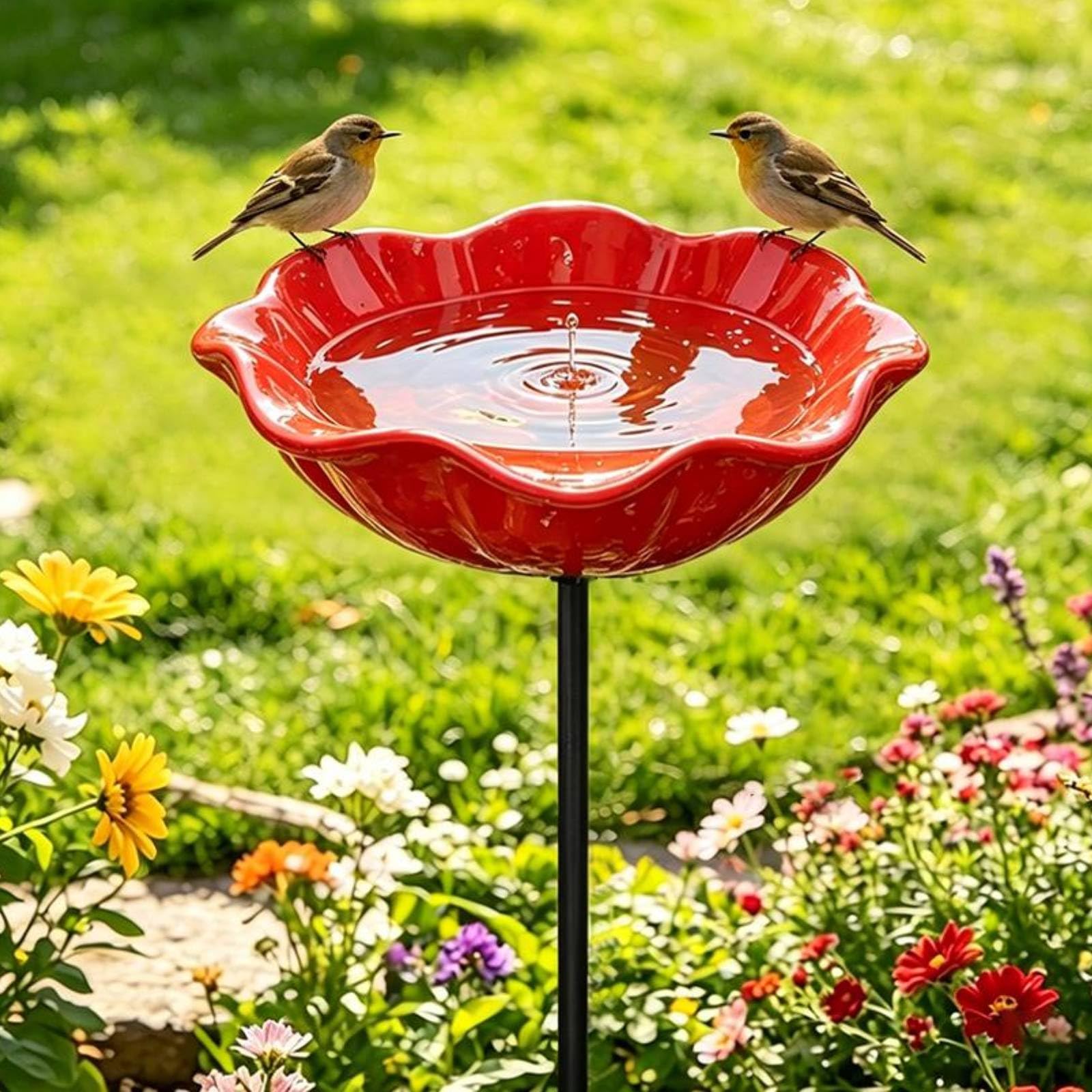  Handmade Metal Flower Garden Stakes Bird Bath, Iron Mini Bird Bath & Pollinator Water Station, Red Flower Yard Art Decor, Outdoor Backyard Landscape Ornament Gift
