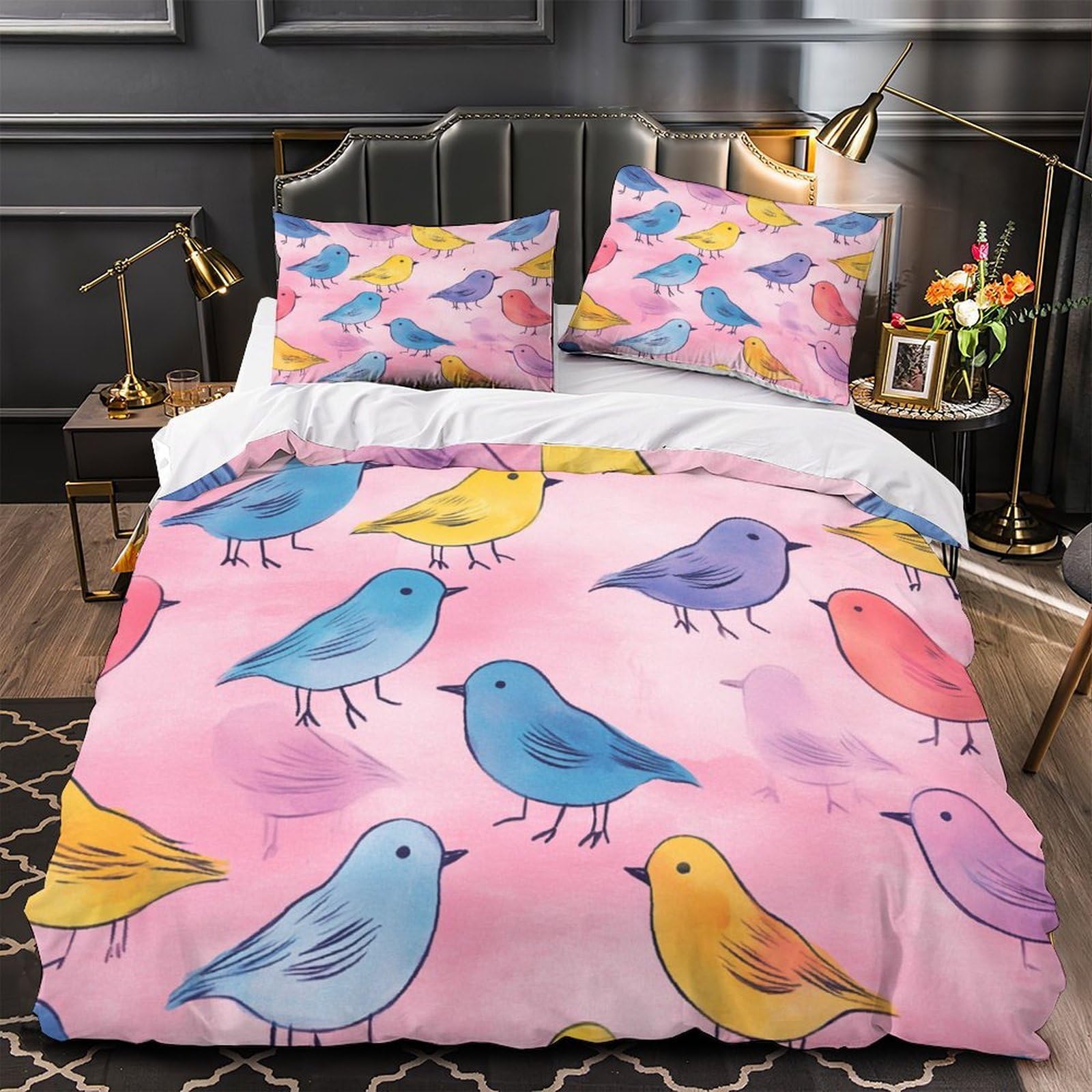 Housse de couette anti-pli oiseaux 3D grand lit fermeture éclair
