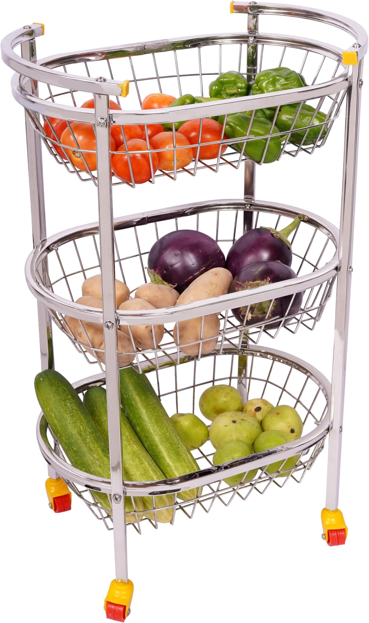 LOGENTA Vegetable Stand Stainless Steel 3 Layer, Vegetable Basket for Kitchen, Oval Shape Trolley for Vegetable & Fruits Kitchen 3 Tier Rack with Wheels Size-L*B*H(12 * 14 * 26 Inch) Wt-2.500kg