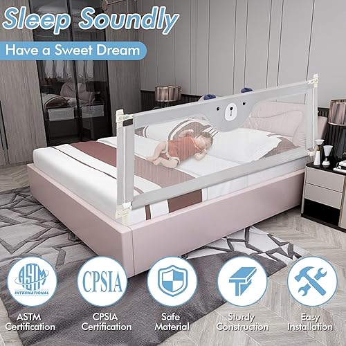 Miniatura 8 de BABY JOY Riel de cama para niños pequeños, 77 pulgadas extra largo, altura ajustable y plegable, protector de riel de cama de bebé con malla