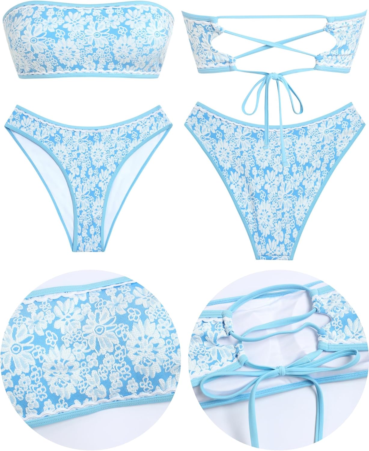 ZAFUL Bikini Set for Women Strapless Textured Bandeau Bikini Two Piece Swimsuit Lace up Bathing Suits