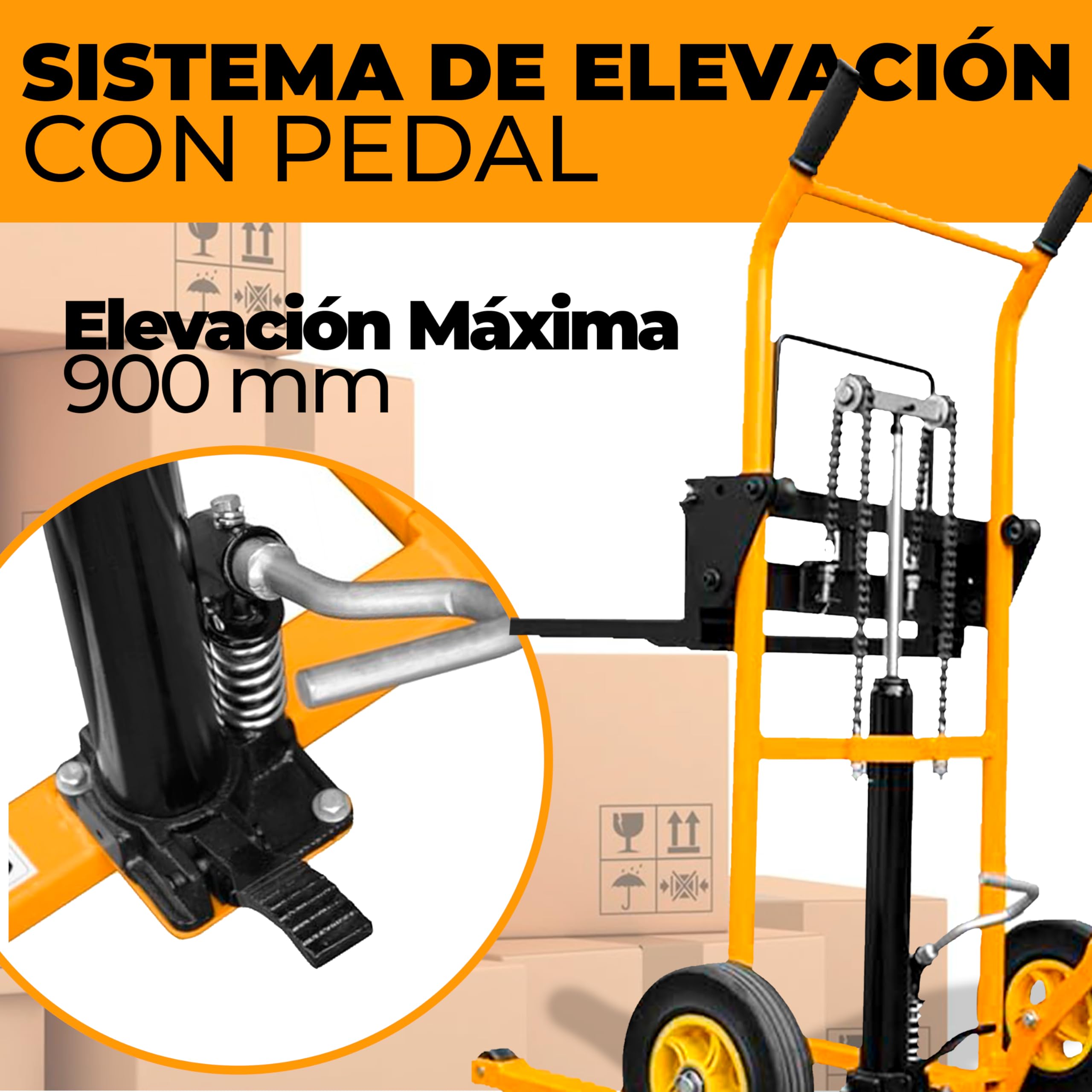 GENÉRICO Elevador Manual SDJL200 - Carretilla elevadora Manual, Capacidad 200 kg, Altura máxima 900 mm, Sistema de elevación con Pedal, Ruedas de Goma 250 mm, diseño Compacto y Ligero, fácil Montaje