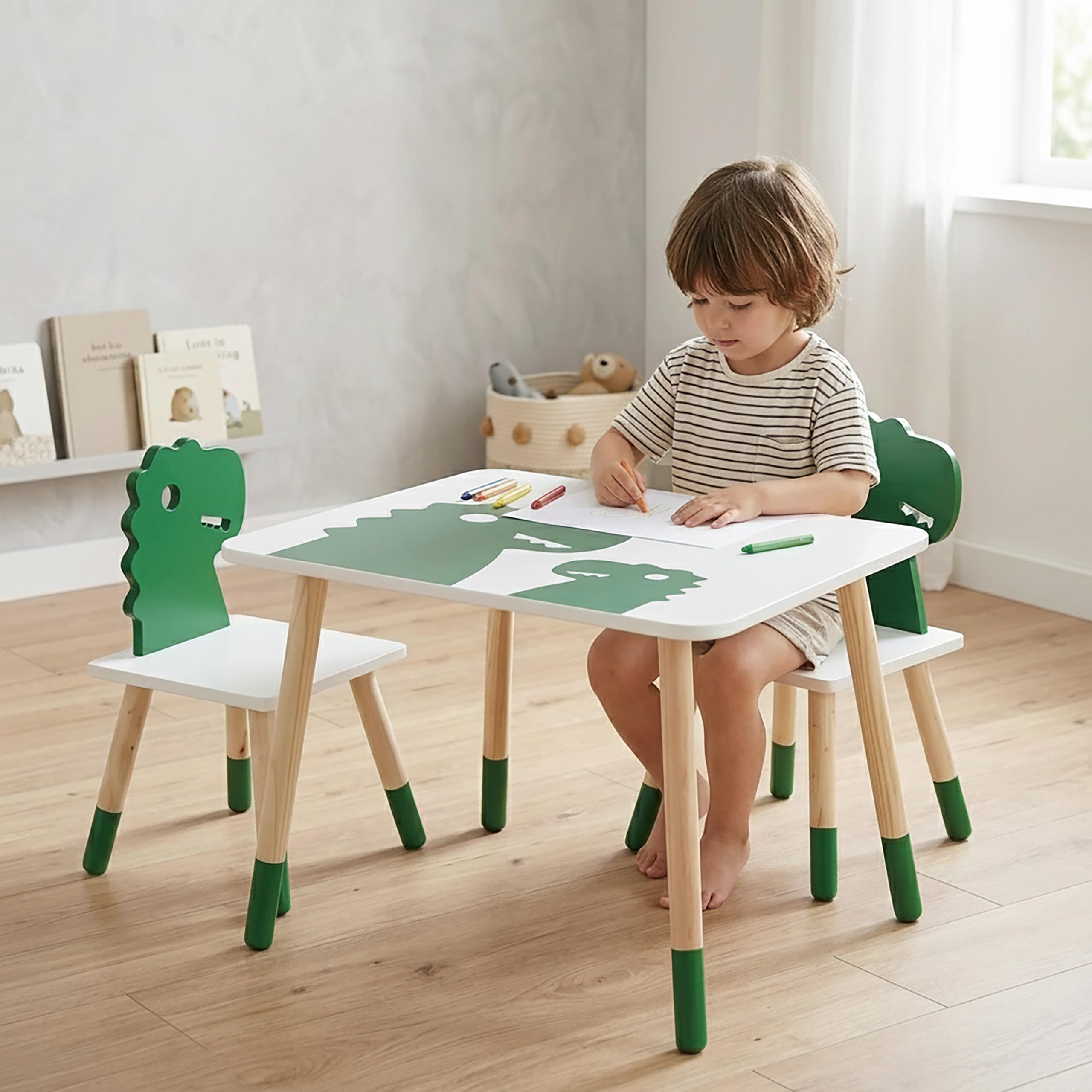 Relaxdays Kindersitzgruppe, Dino-Design, Kindertisch mit Stühlen, weiß/grün