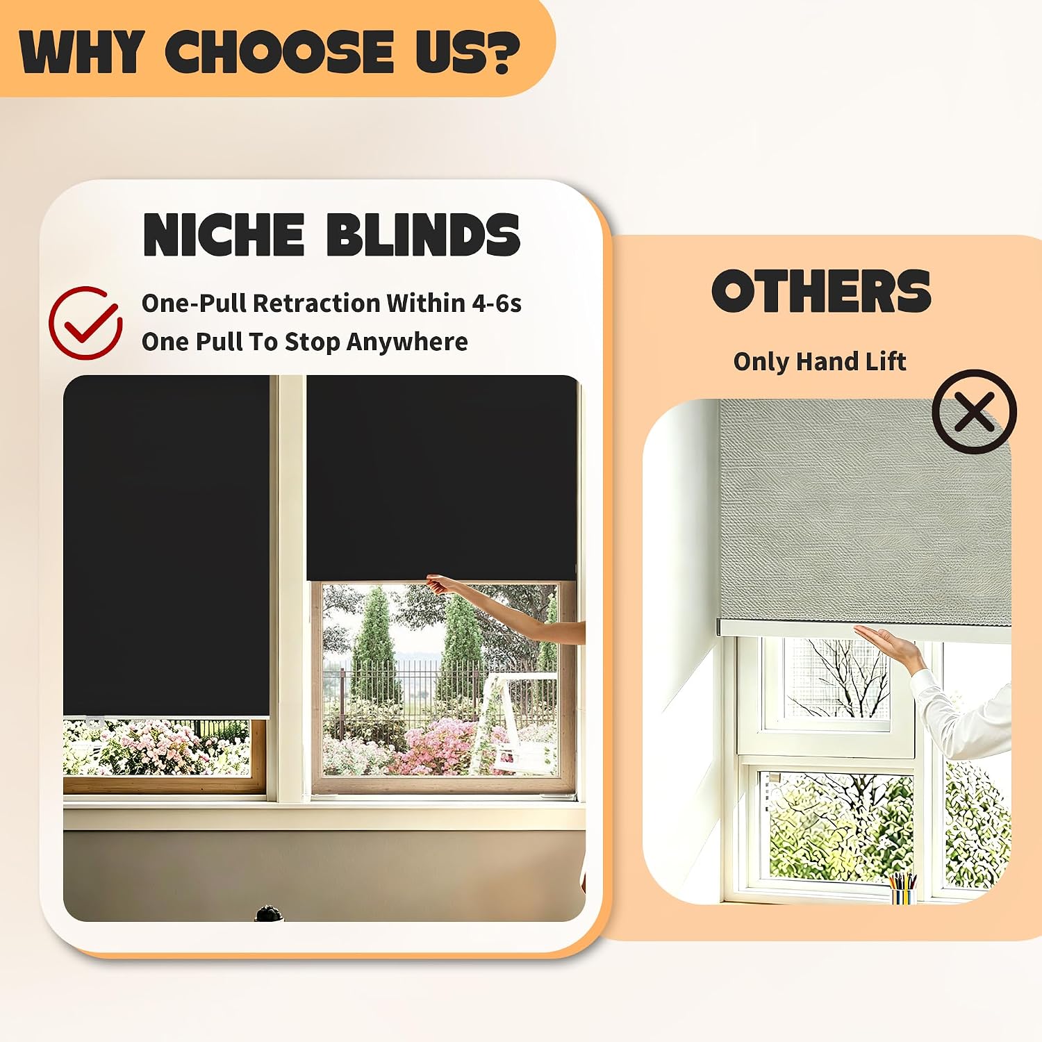 Niche Blinds,Cordless Spring Roller Window Shades,Blackout Blinds for Windows,Free-Stop Roller Window Shades with Valance,UV Protection Window Roller Blinds for Home and Bedroom,Black,20" W x 72" H