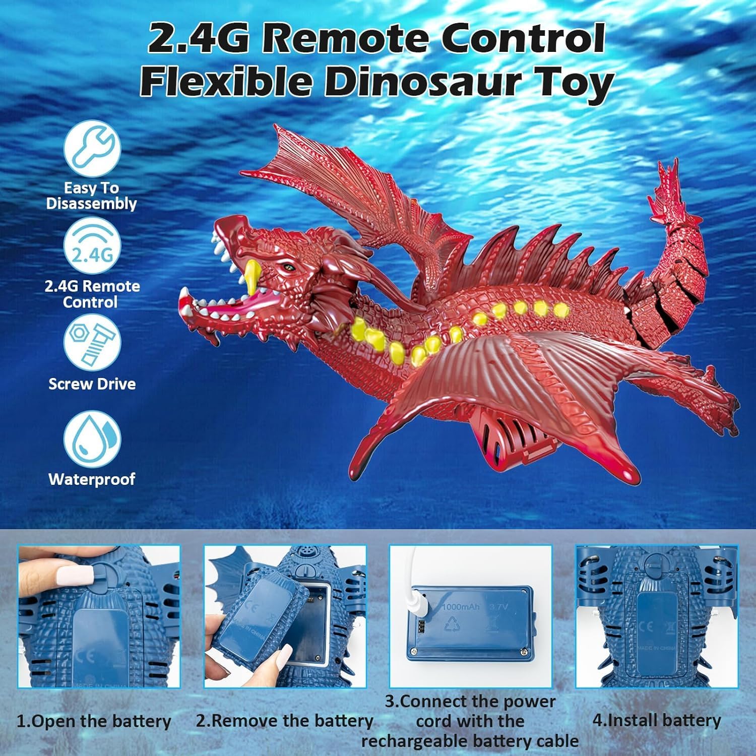 EXOMOON Remote Control Dinosaur Swimming Pool 2.4GHz High Simulation Toy RC Boat Lake Bathroom 8-12 Years Old Boys Girls Christmas Halloween Tricky Birthday Gift Pool Water Play 4
