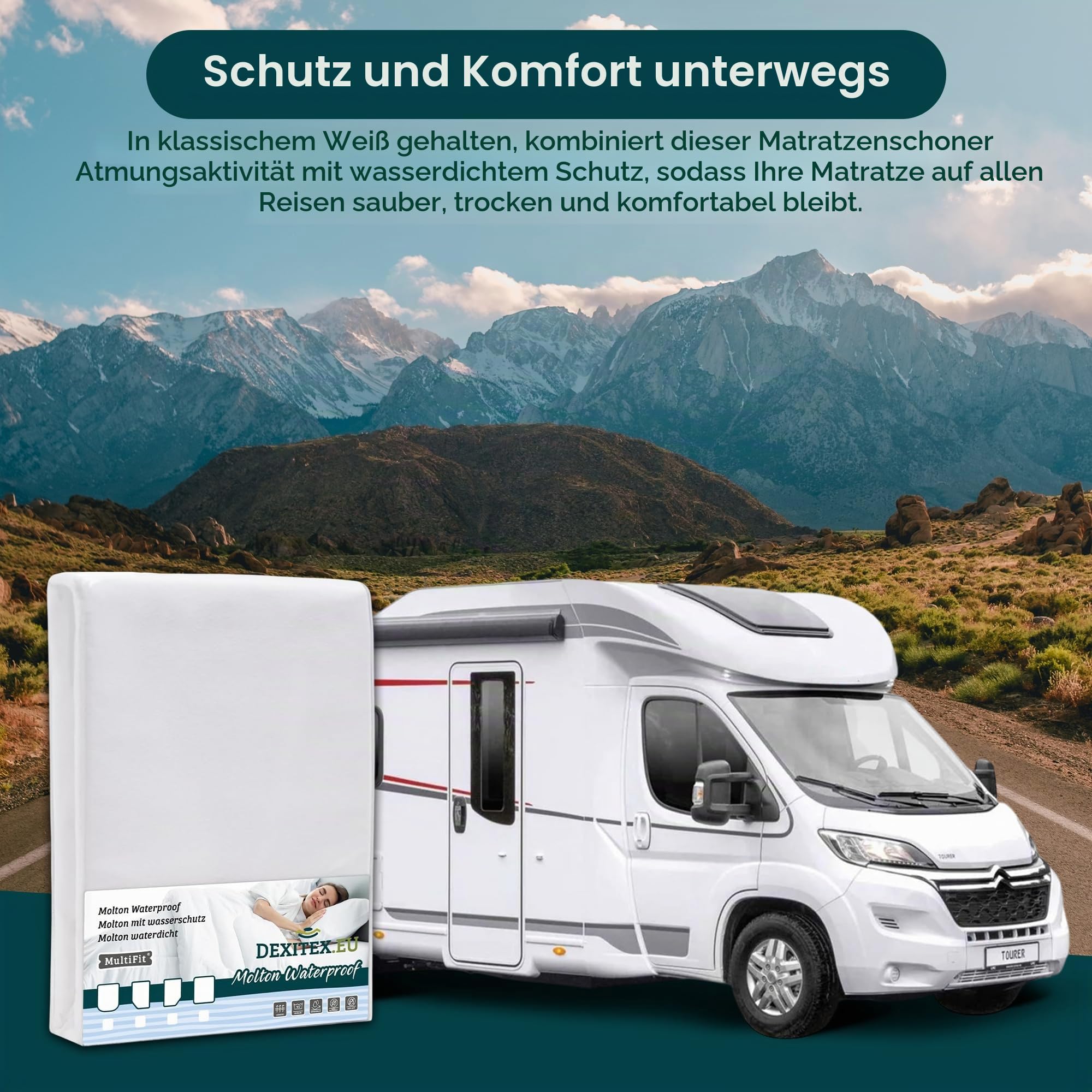 Molton Matratzenschoner mit Wasserschutz für Queensbett (150-160cm x 190-210cm) für Wohnmobil oder Wohnwagen - Queensbett Matratze -Oeko-TEX - Baumwolle, Weiß