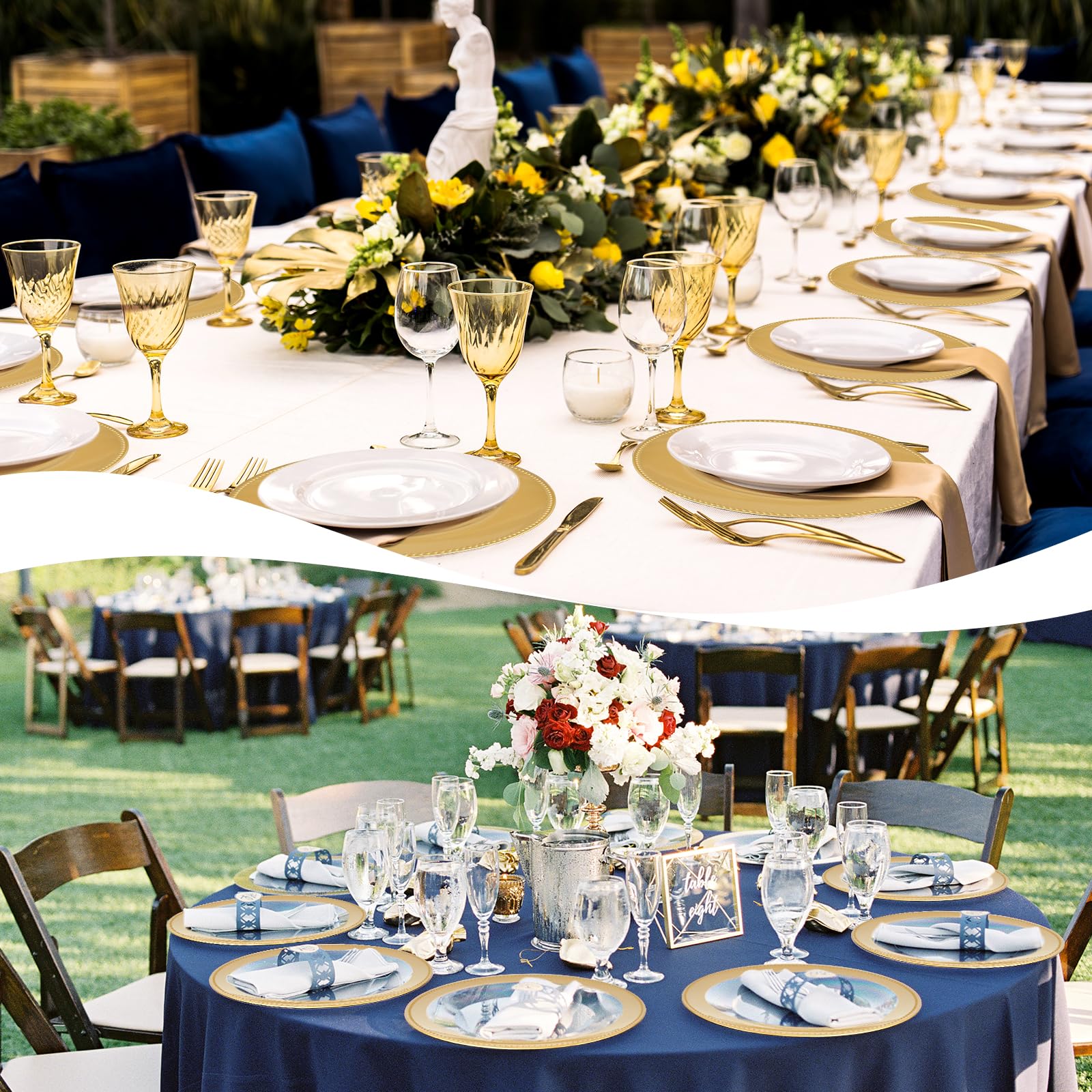 36 platos de carga dorados redondos de 13 pulgadas a granel para cena de boda, elegantes platos de plástico reutilizables para bodas, vacaciones, fiestas, baby shower, decoración de eventos