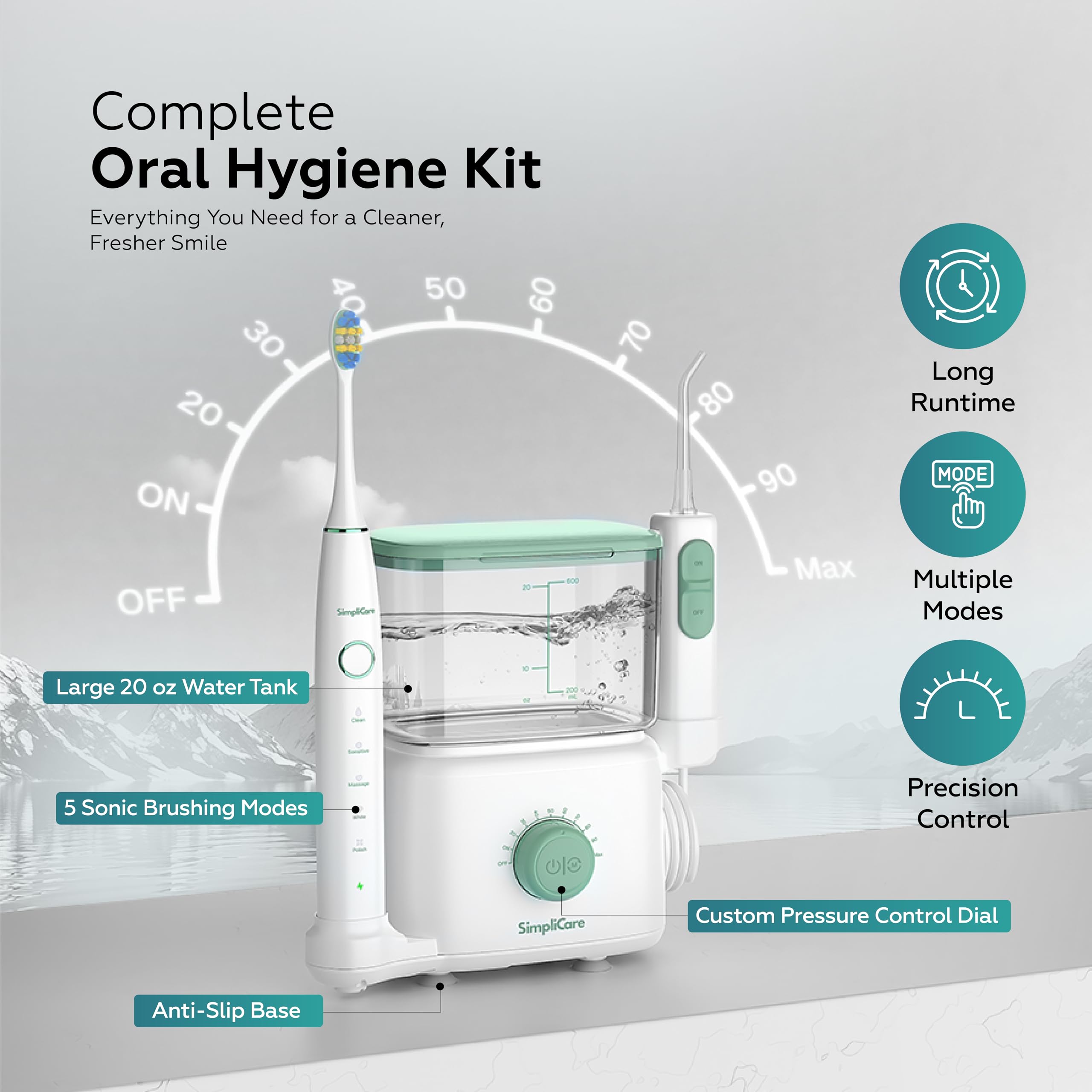 Idropulsore orale e spazzolino elettrico Combo - Detergente dentale da 590 ml, 10 livelli di pressione regolabili per denti/bretelle, 6 punte a getto, 2 testine, silenzioso, senza BPA