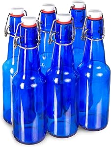 Blue Glass Grolsch Beer Bottles - Airtight Seal with Swing Top/Flip Top Stoppers - Supplies for Home Brewing & Fermenting of Alcohol, Kombucha Tea, Wine, Homemade Soda (6-Pack)