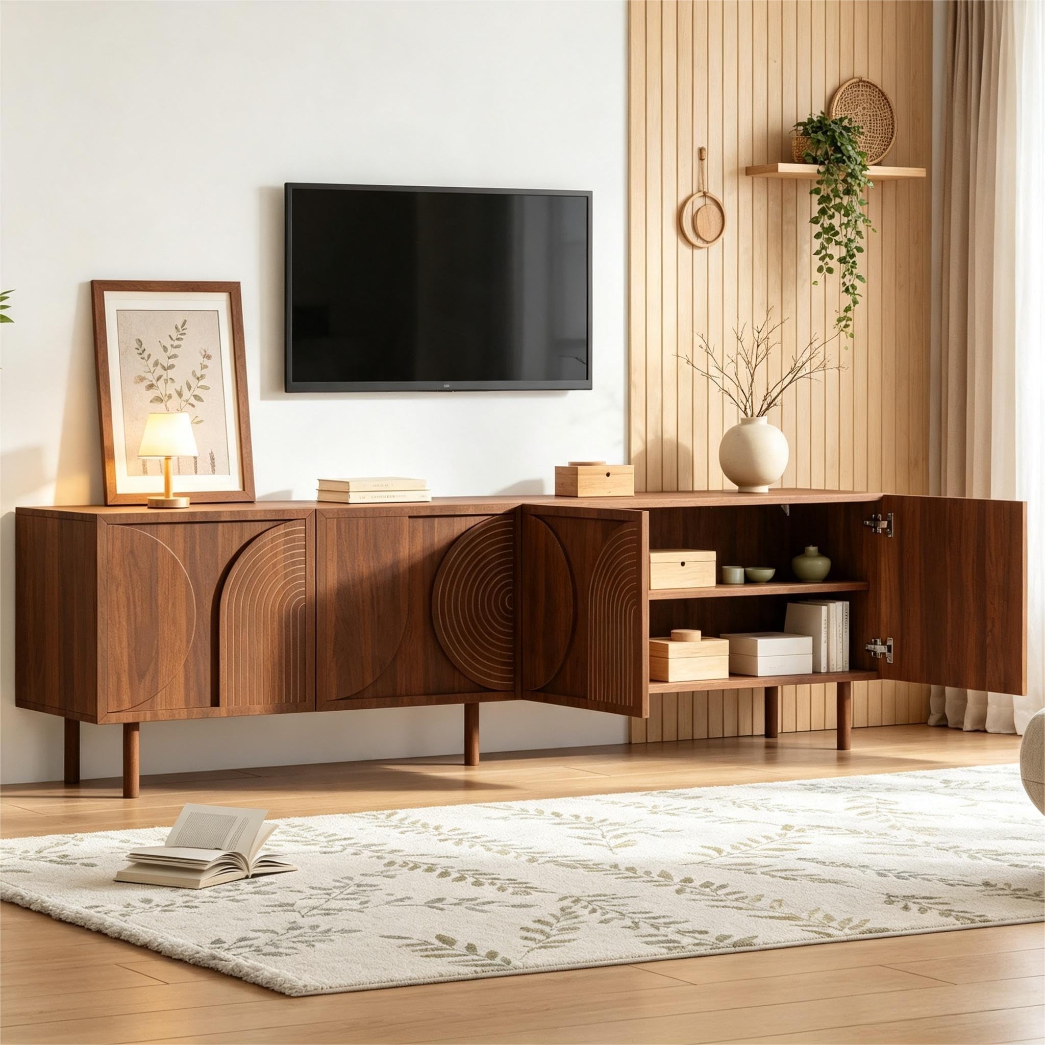 SUKY Mobile TV da 180 cm, mobile basso per TV da 75 pollici, 4 ante, 2 scomparti, moderno, con ampio spazio portaoggetti, design in rilievo 3D, colore legno di noce, 180 x 38 x 56,5 cm