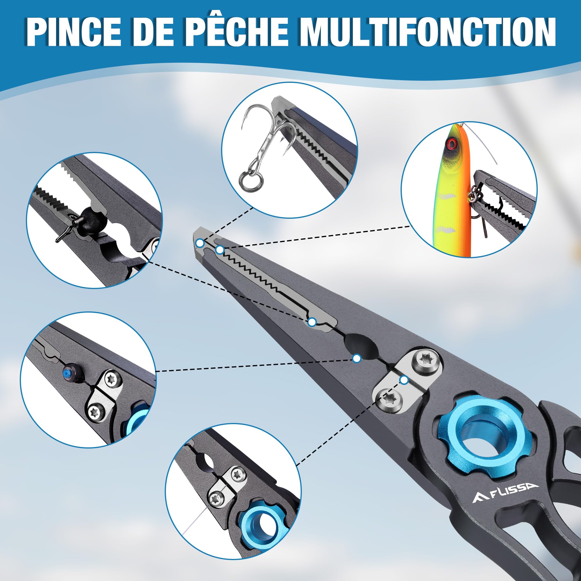 FLISSA Pince de Pêche Légère en Alliage d’Aluminium | Pince de Pêche Multifonction avec Coupe-Fil, Ouvre-Anneaux, Cordon et Étui, Idéale pour la Pêche en Mer et en Eau Douce